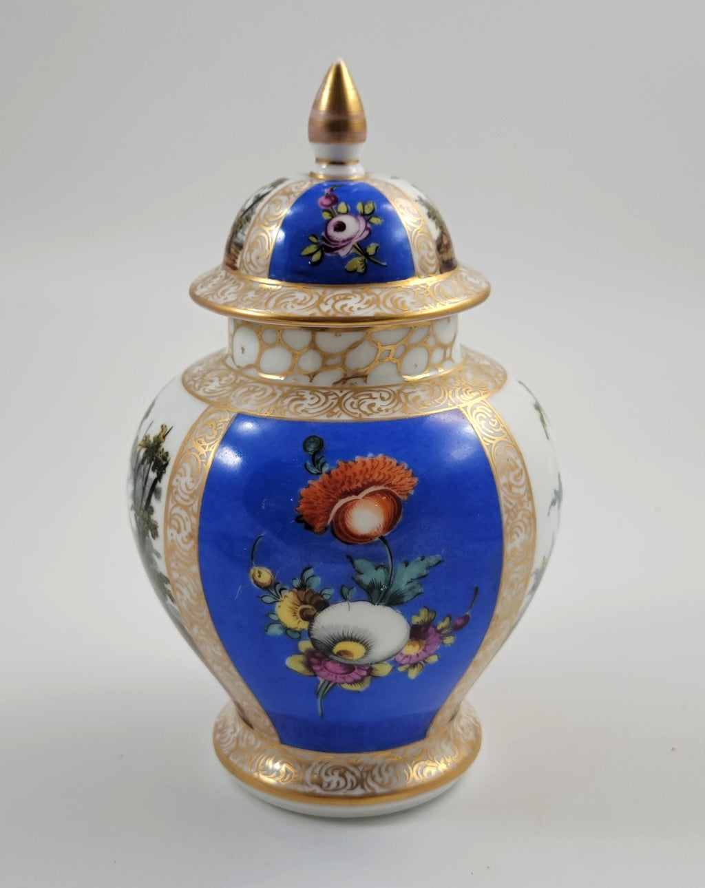 Rare Helena Wolfsohn Dresden Lidded Ginger Jar, Blue Ground, Meissen-Style, AR Mark, c. 1880