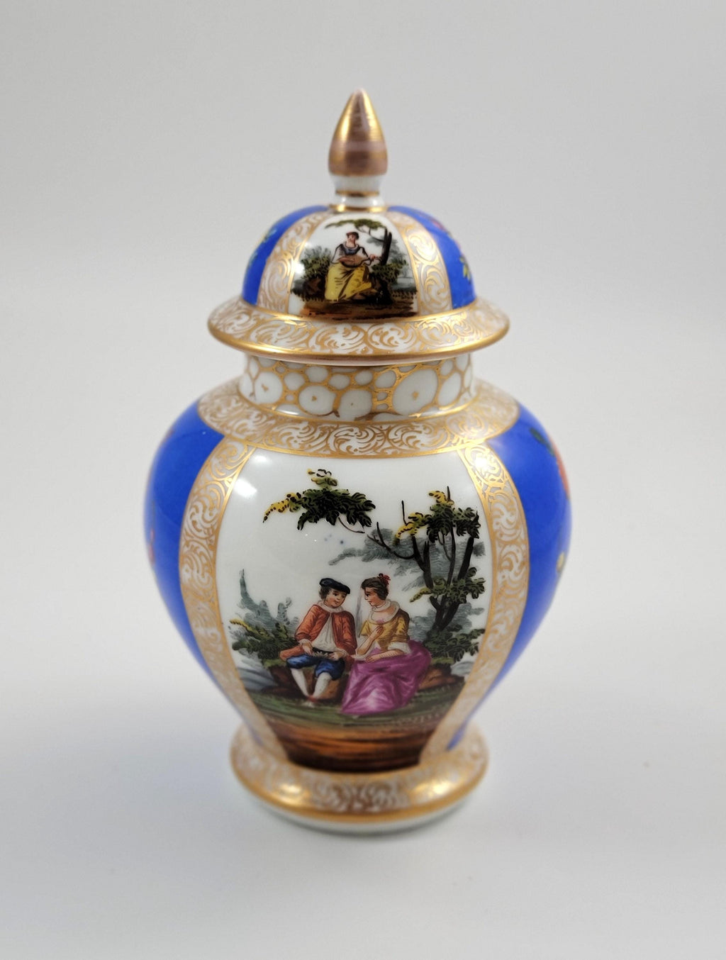Rare Helena Wolfsohn Dresden Lidded Ginger Jar, Blue Ground, Meissen-Style, AR Mark, c. 1880