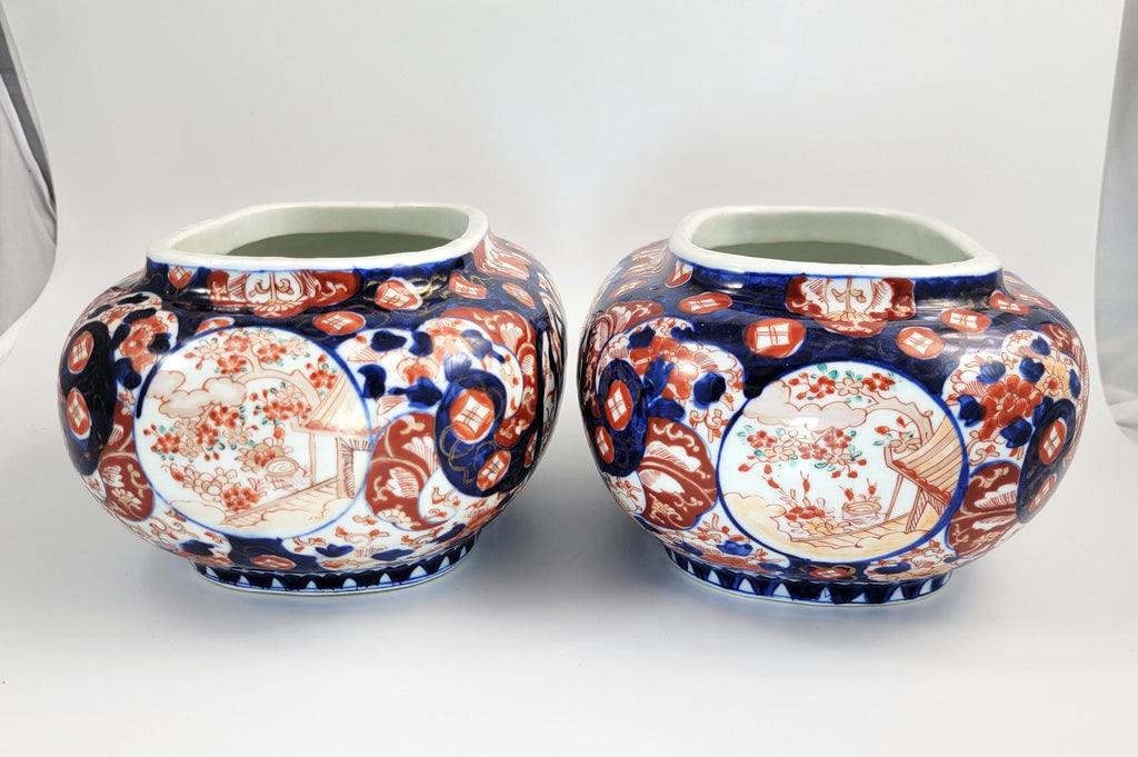Antique Japanese Imari Jardinieres, Matching Oval Pair, Meiji Period, Arita, Blue Red, 1880