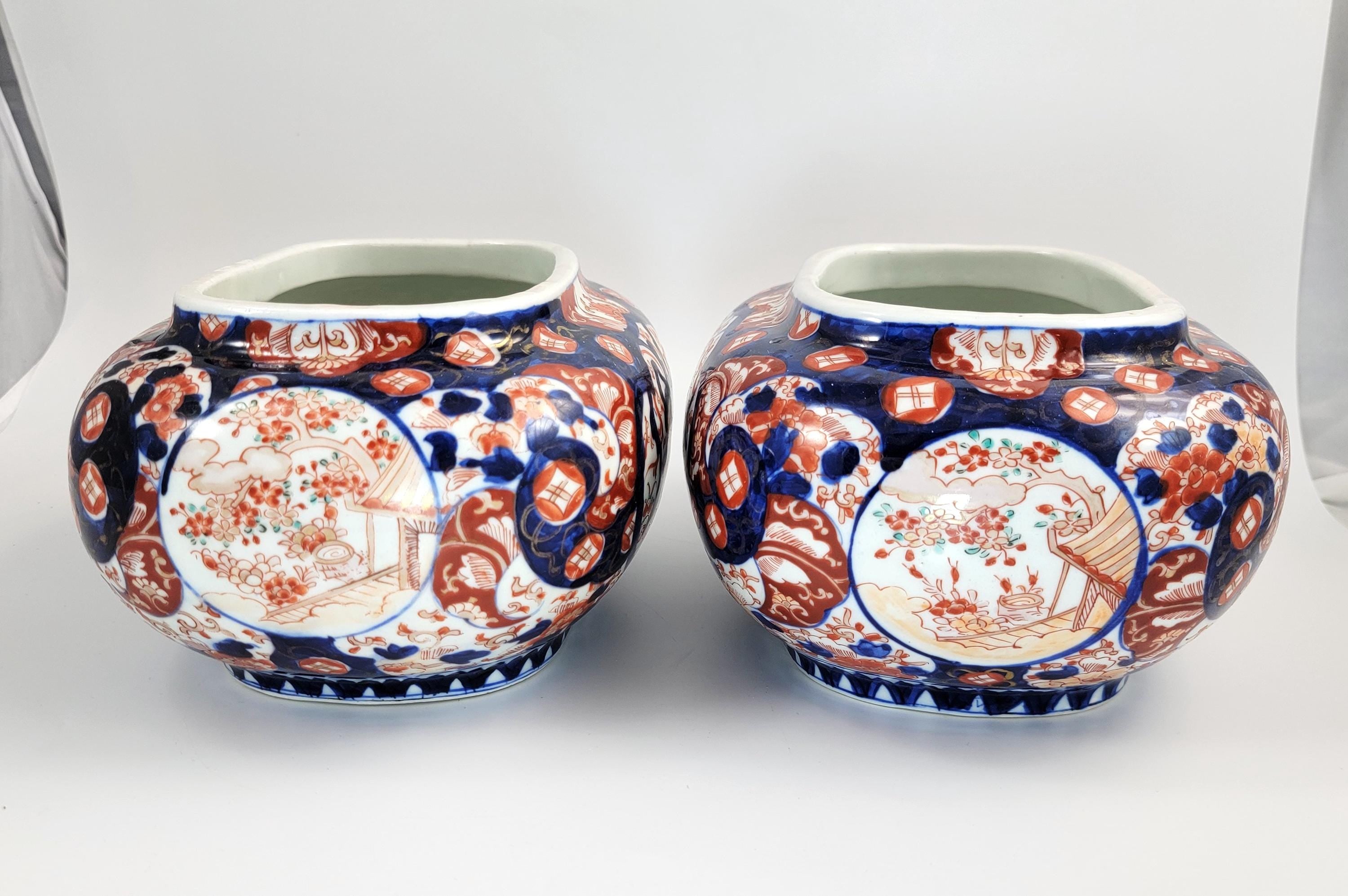 Antique Japanese Imari Jardinieres, Matching Oval Pair, Meiji Period, Arita, Blue Red, 1880