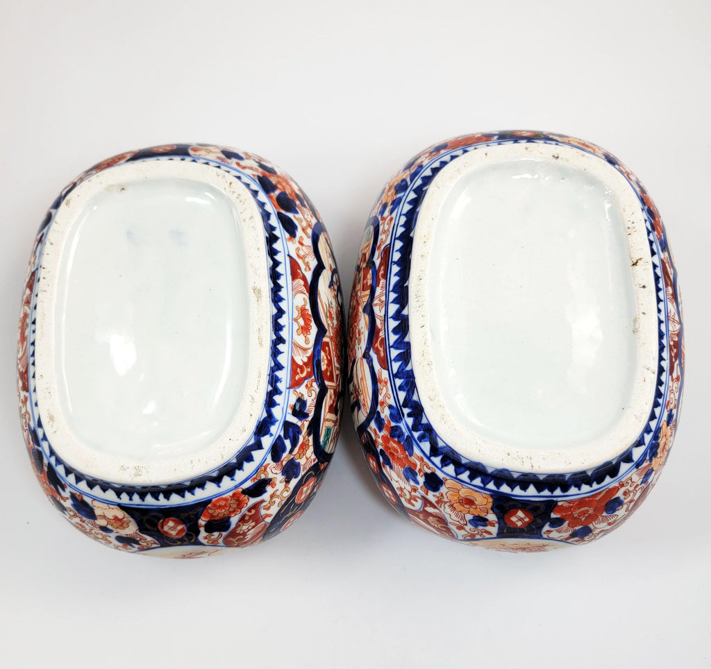 Antique Japanese Imari Jardinieres, Matching Oval Pair, Meiji Period, Arita, Blue Red, 1880