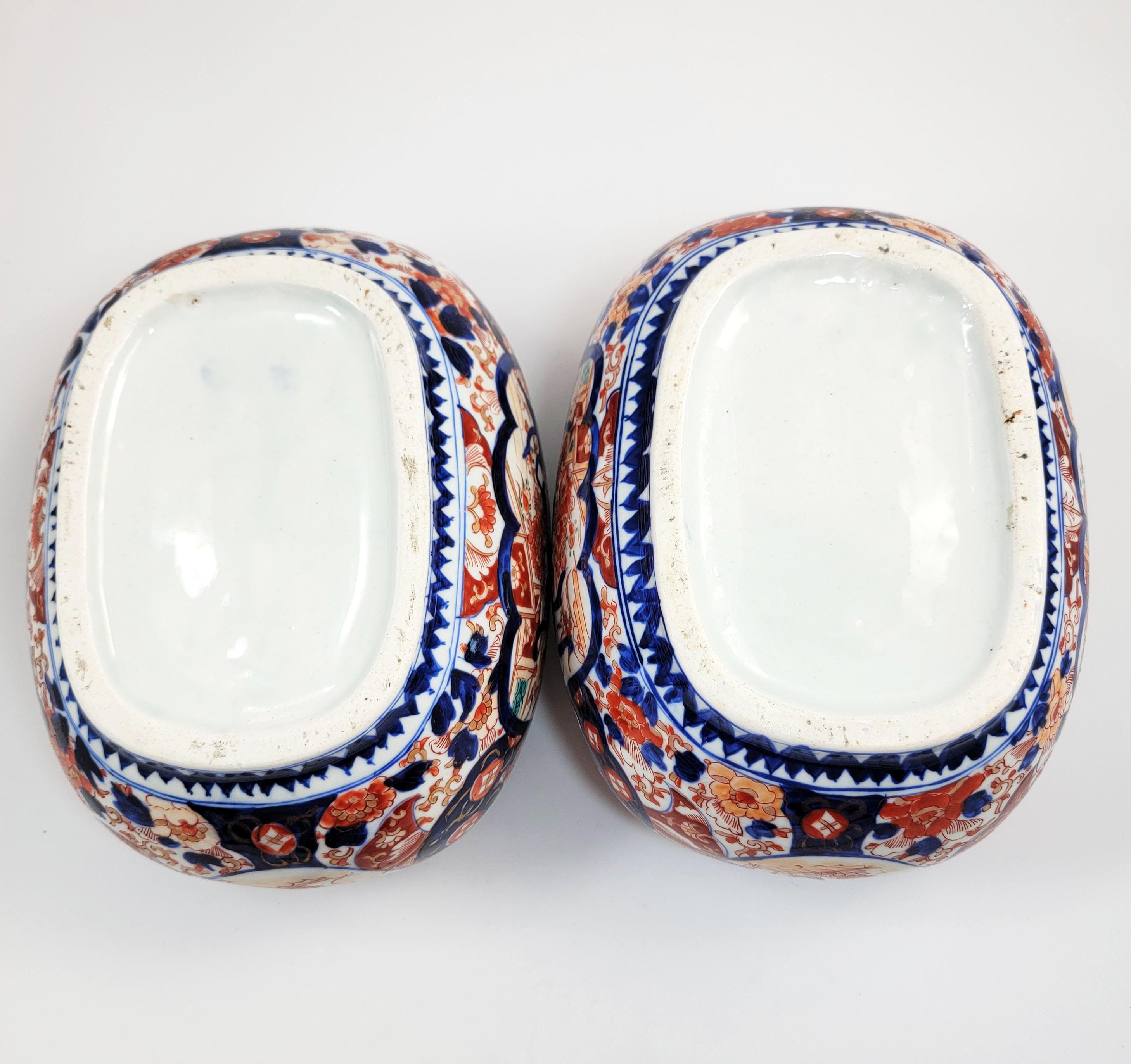 Antique Japanese Imari Jardinieres, Matching Oval Pair, Meiji Period, Arita, Blue Red, 1880