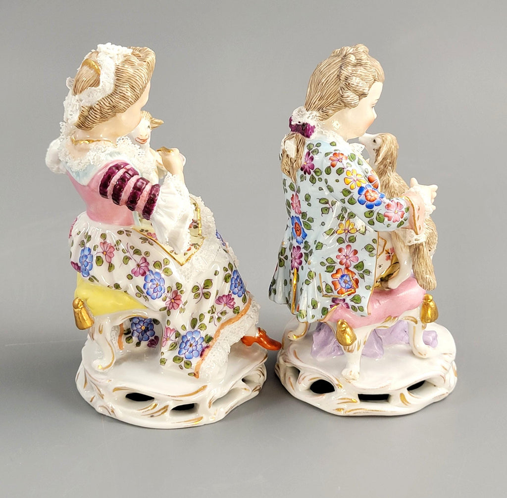 Antique Sitzendorf Porcelain Figurines: Boy and Girl with Lambs, Dresden Lace