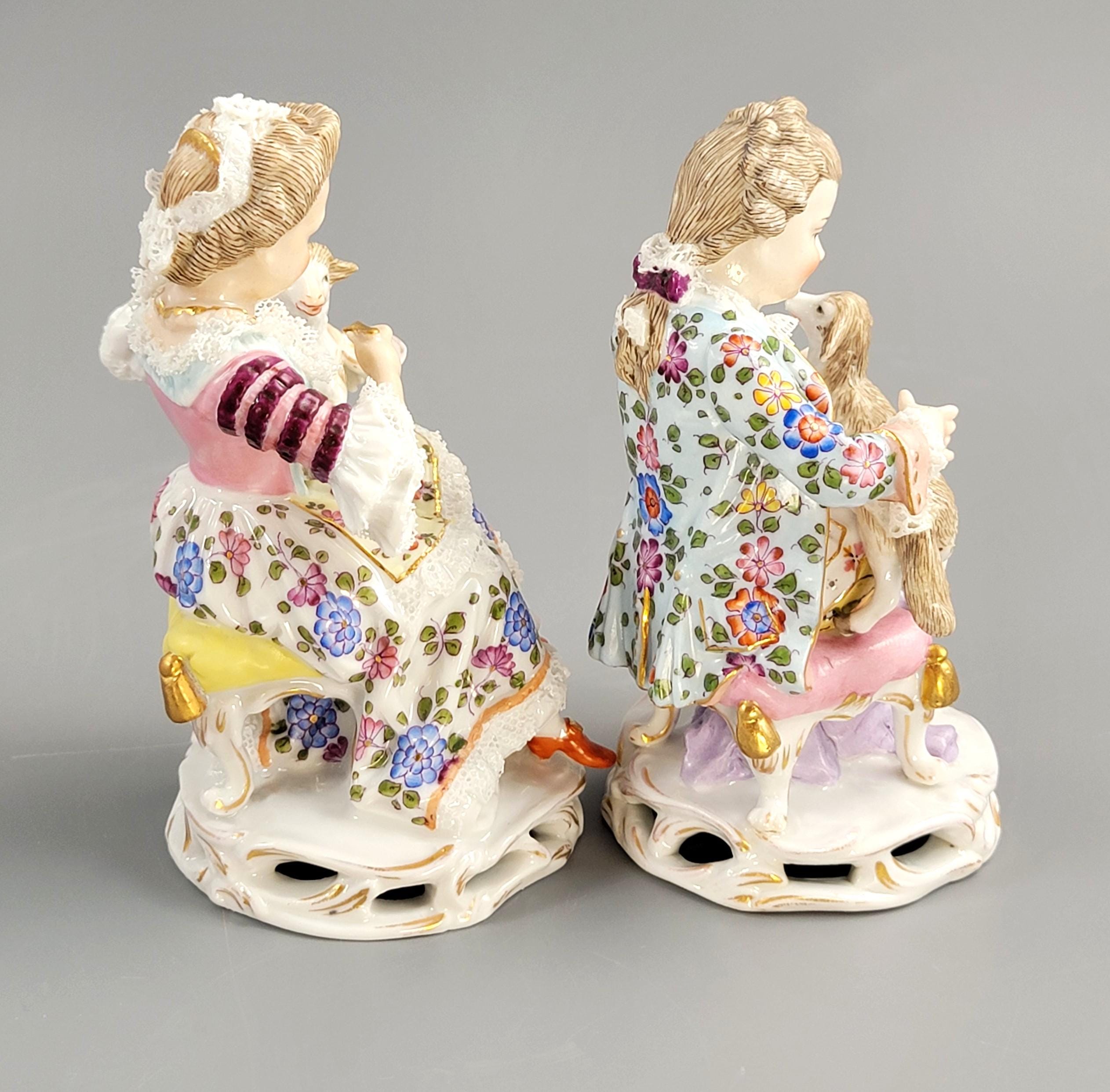 Antique Sitzendorf Porcelain Figurines: Boy and Girl with Lambs, Dresden Lace
