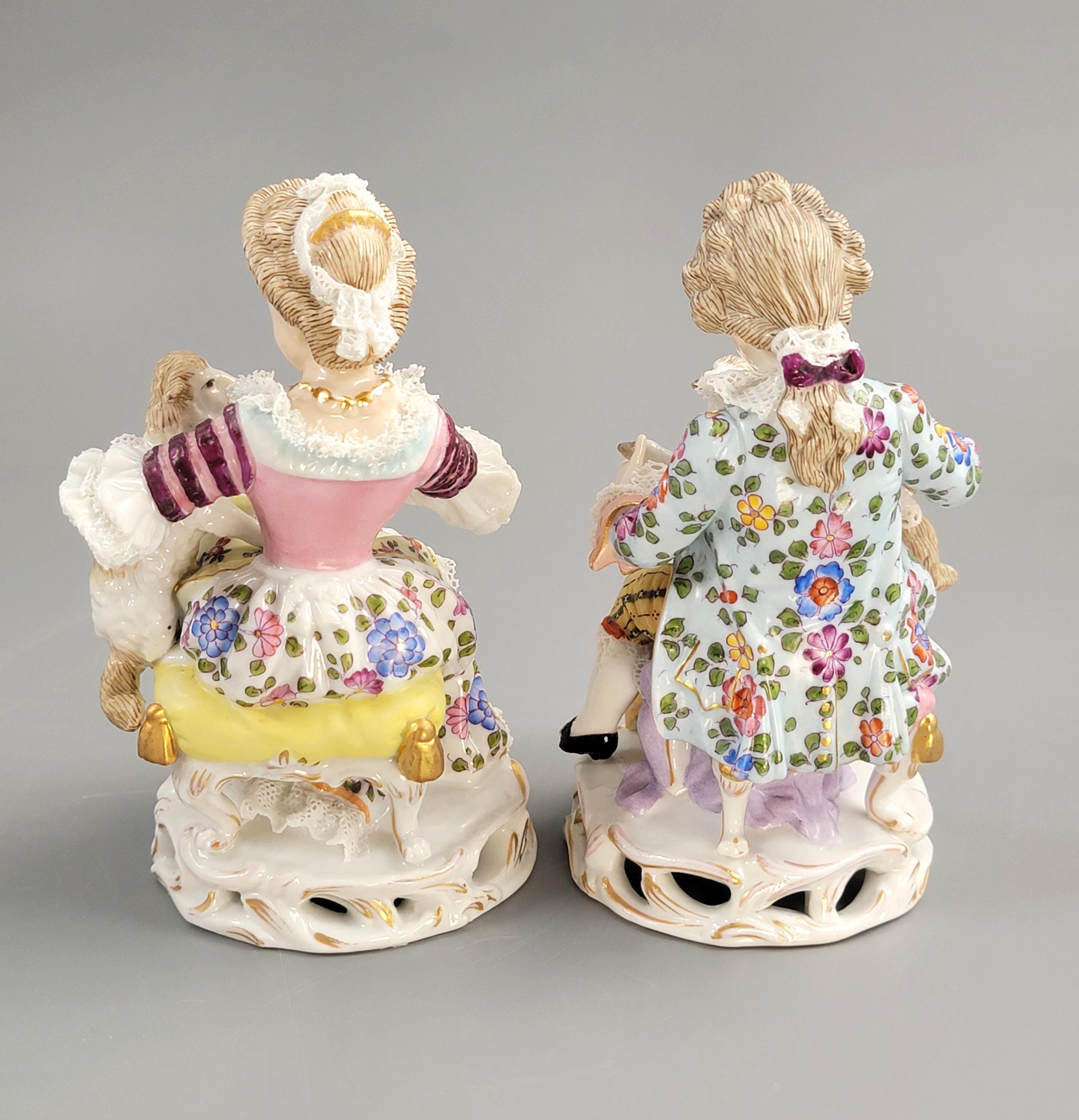 Antique Sitzendorf Porcelain Figurines: Boy and Girl with Lambs, Dresden Lace