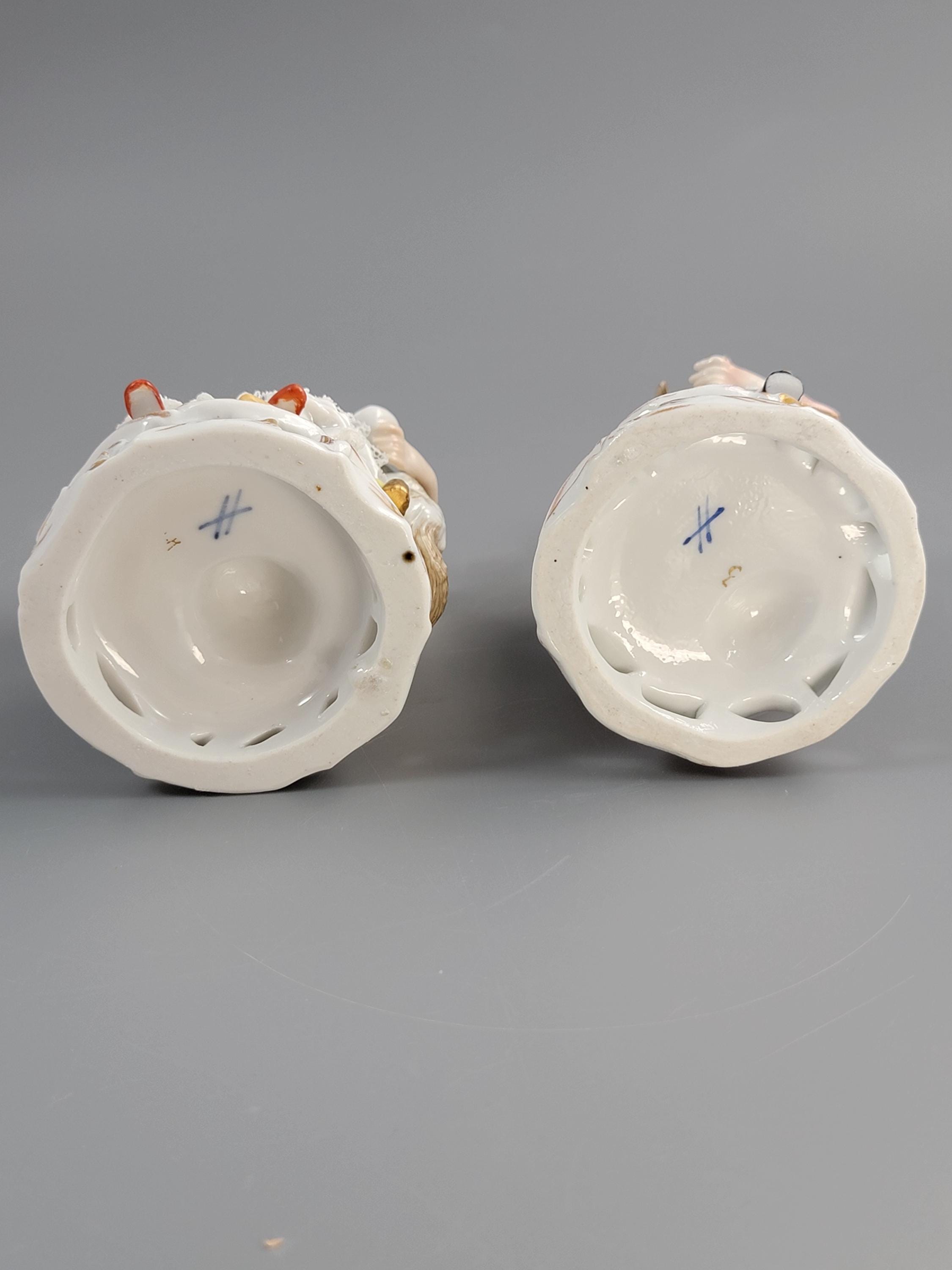 Antique Sitzendorf Porcelain Figurines: Boy and Girl with Lambs, Dresden Lace