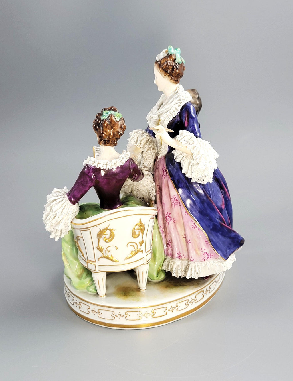 Antique Volkstedt Porcelain Figurine Group “Le Toilette”, Salon Scene, Porcelain Lace, Germany, c. 1915