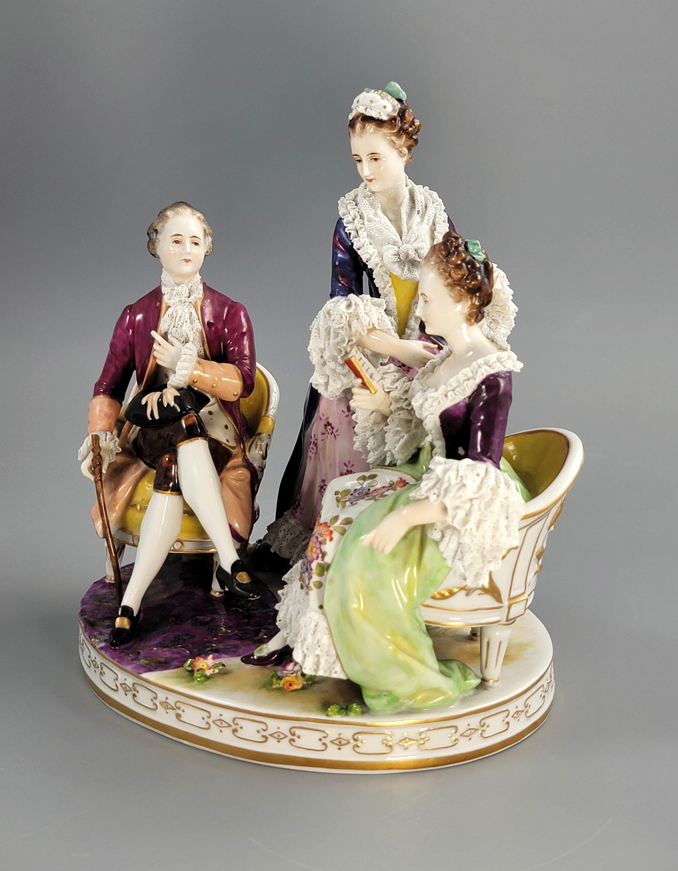 Antique Volkstedt Porcelain Figurine Group “Le Toilette”, Salon Scene, Porcelain Lace, Germany, c. 1915