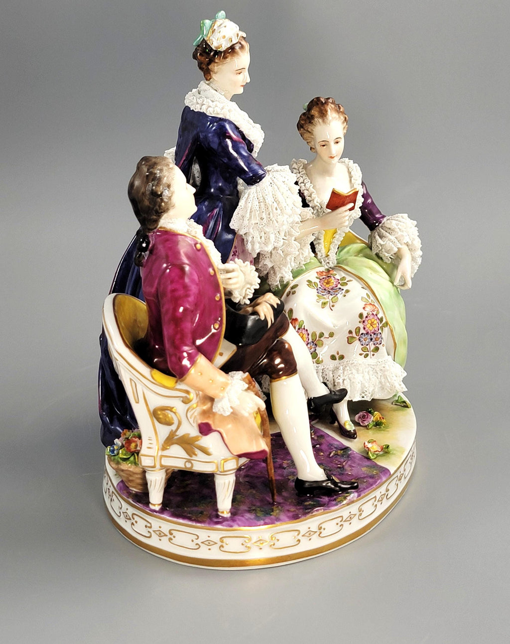 Antique Volkstedt Porcelain Figurine Group “Le Toilette”, Salon Scene, Porcelain Lace, Germany, c. 1915