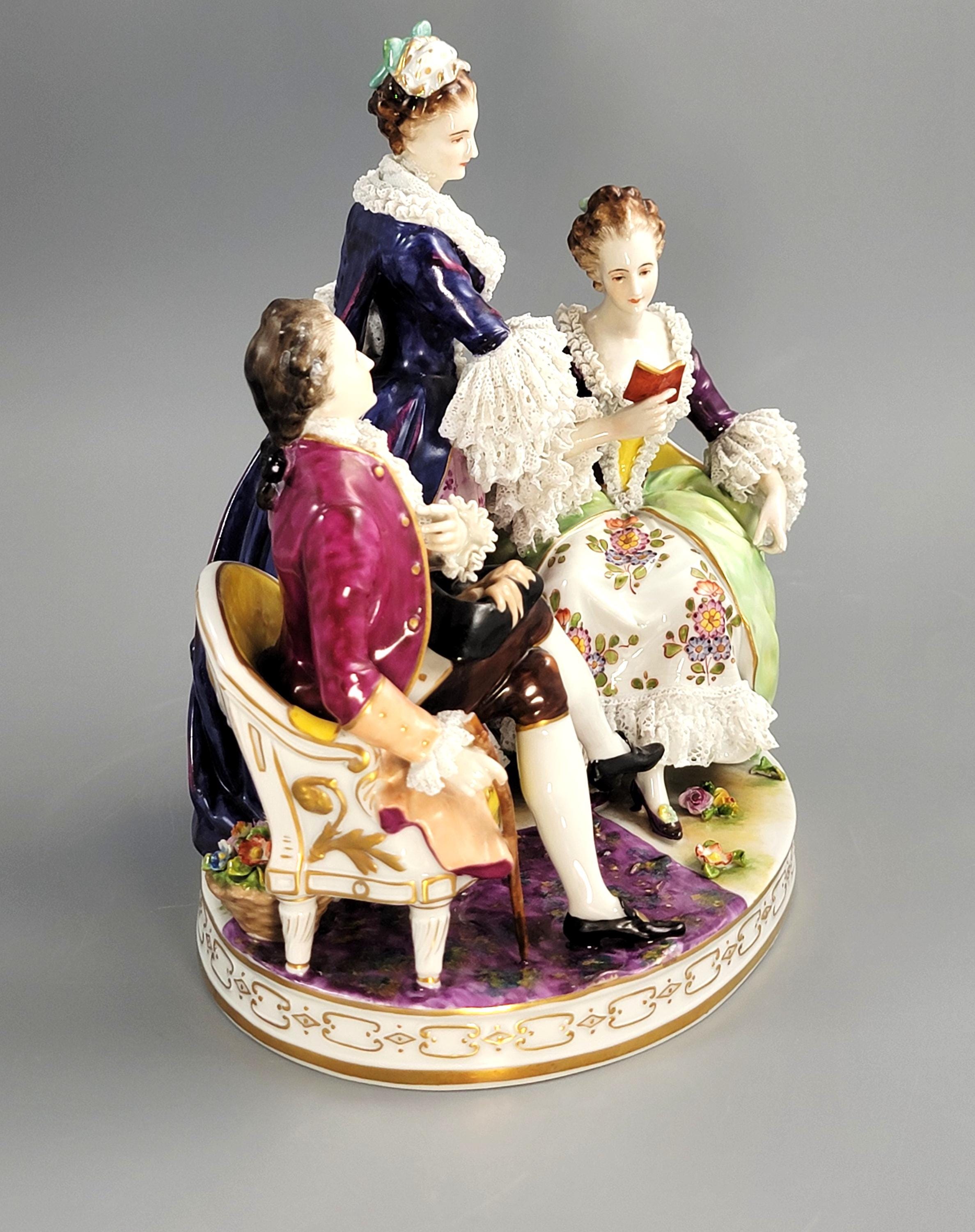 Antique Volkstedt Porcelain Figurine Group “Le Toilette”, Salon Scene, Porcelain Lace, Germany, c. 1915