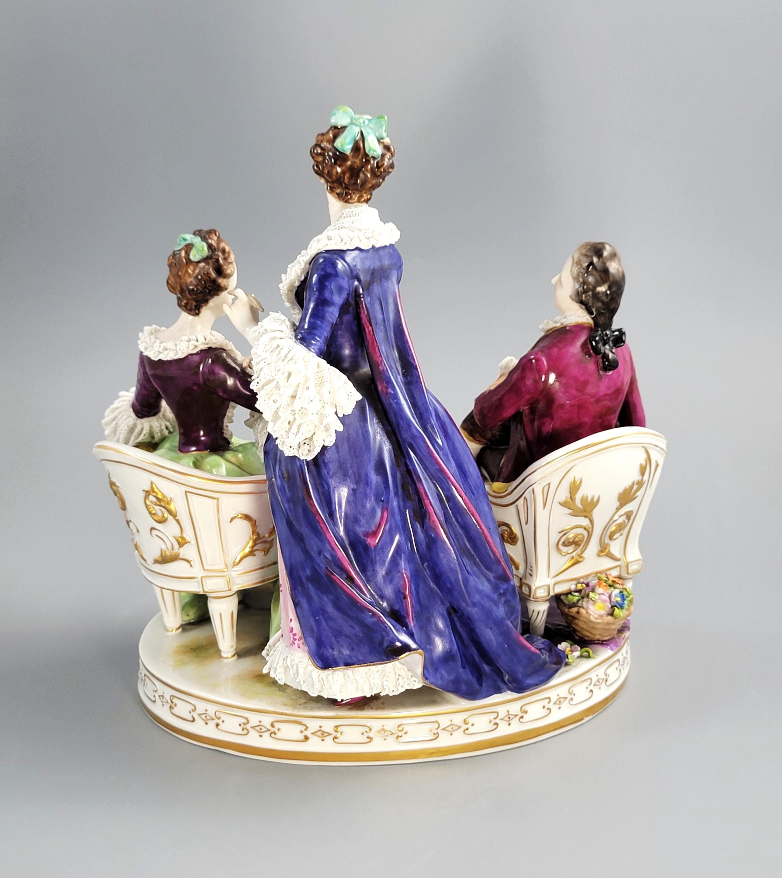Antique Volkstedt Porcelain Figurine Group “Le Toilette”, Salon Scene, Porcelain Lace, Germany, c. 1915