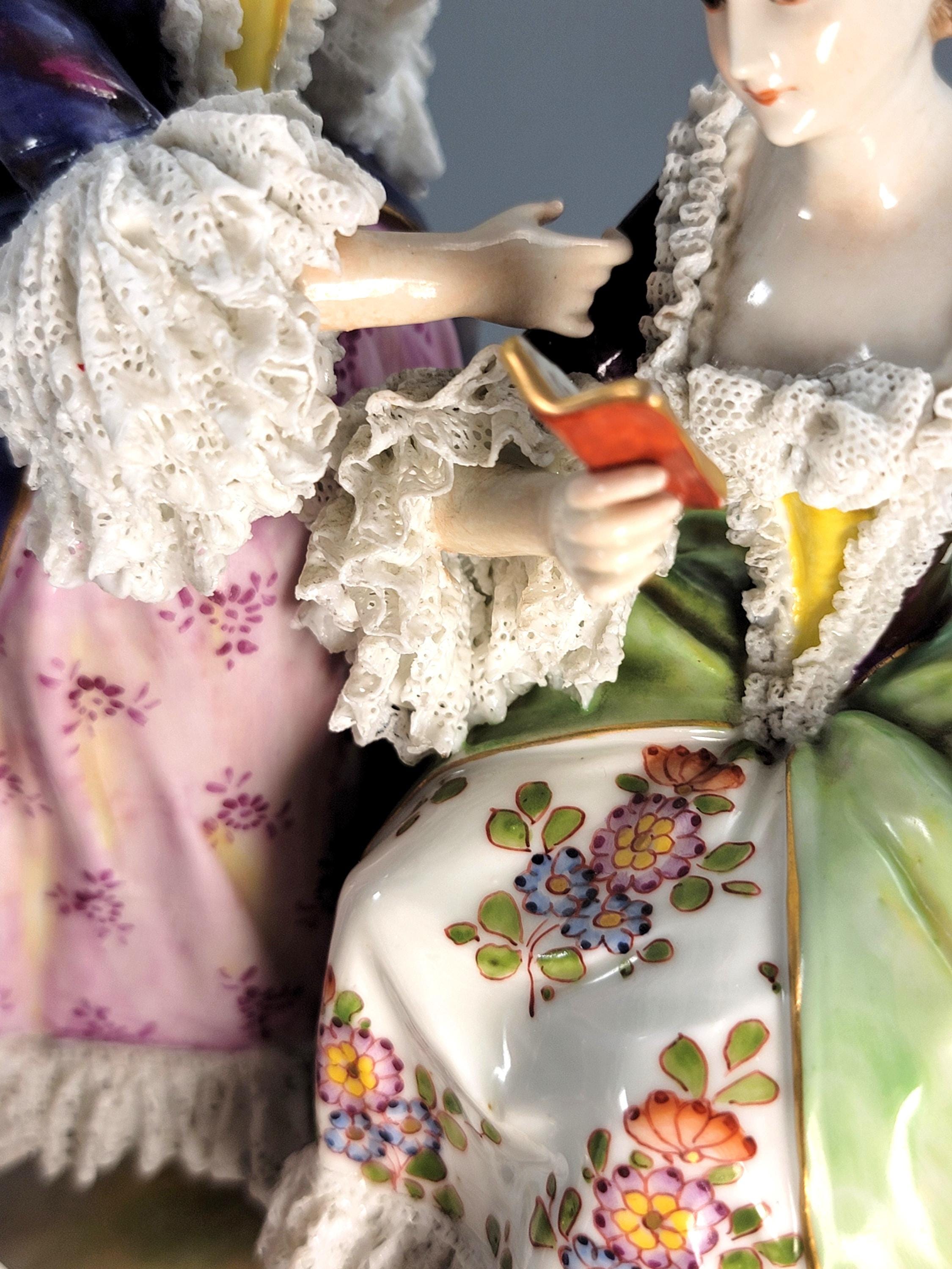 Antique Volkstedt Porcelain Figurine Group “Le Toilette”, Salon Scene, Porcelain Lace, Germany, c. 1915