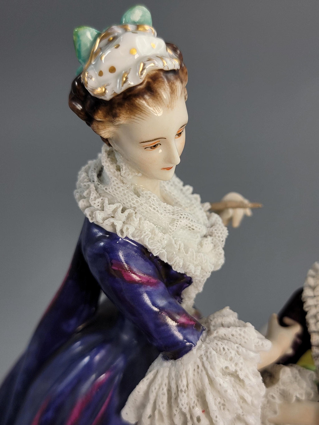 Antique Volkstedt Porcelain Figurine Group “Le Toilette”, Salon Scene, Porcelain Lace, Germany, c. 1915
