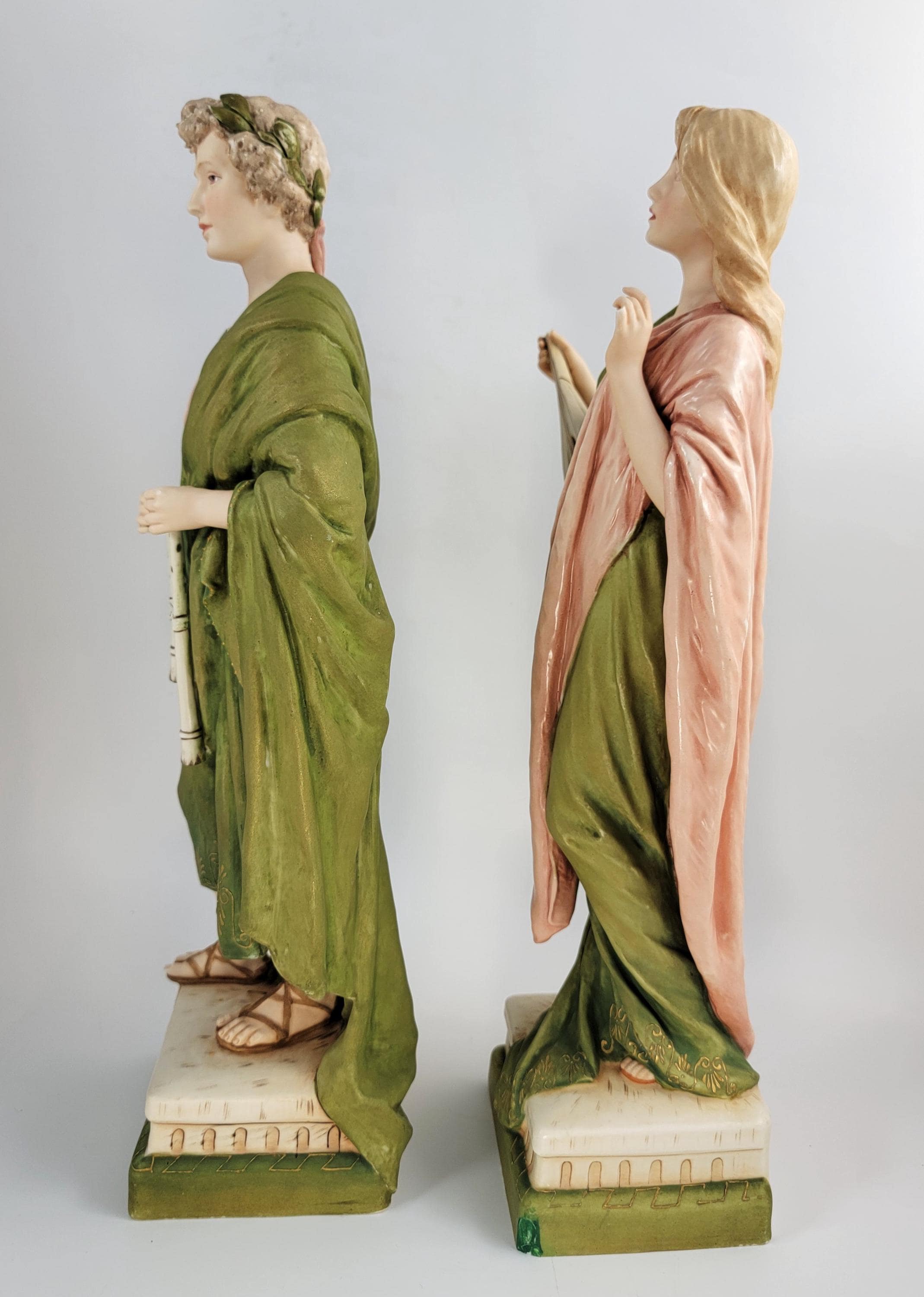 Antique Porcelain Pair Eichwald Royal Dux 1905 Pan Flute Mandolin Signed Hampel