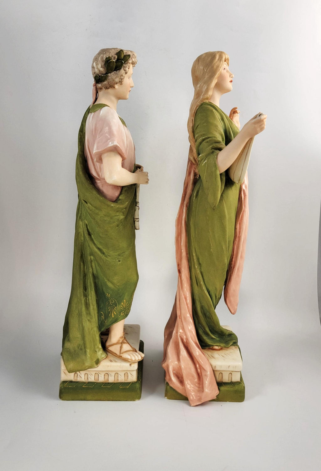 Antique Porcelain Pair Eichwald Royal Dux 1905 Pan Flute Mandolin Signed Hampel