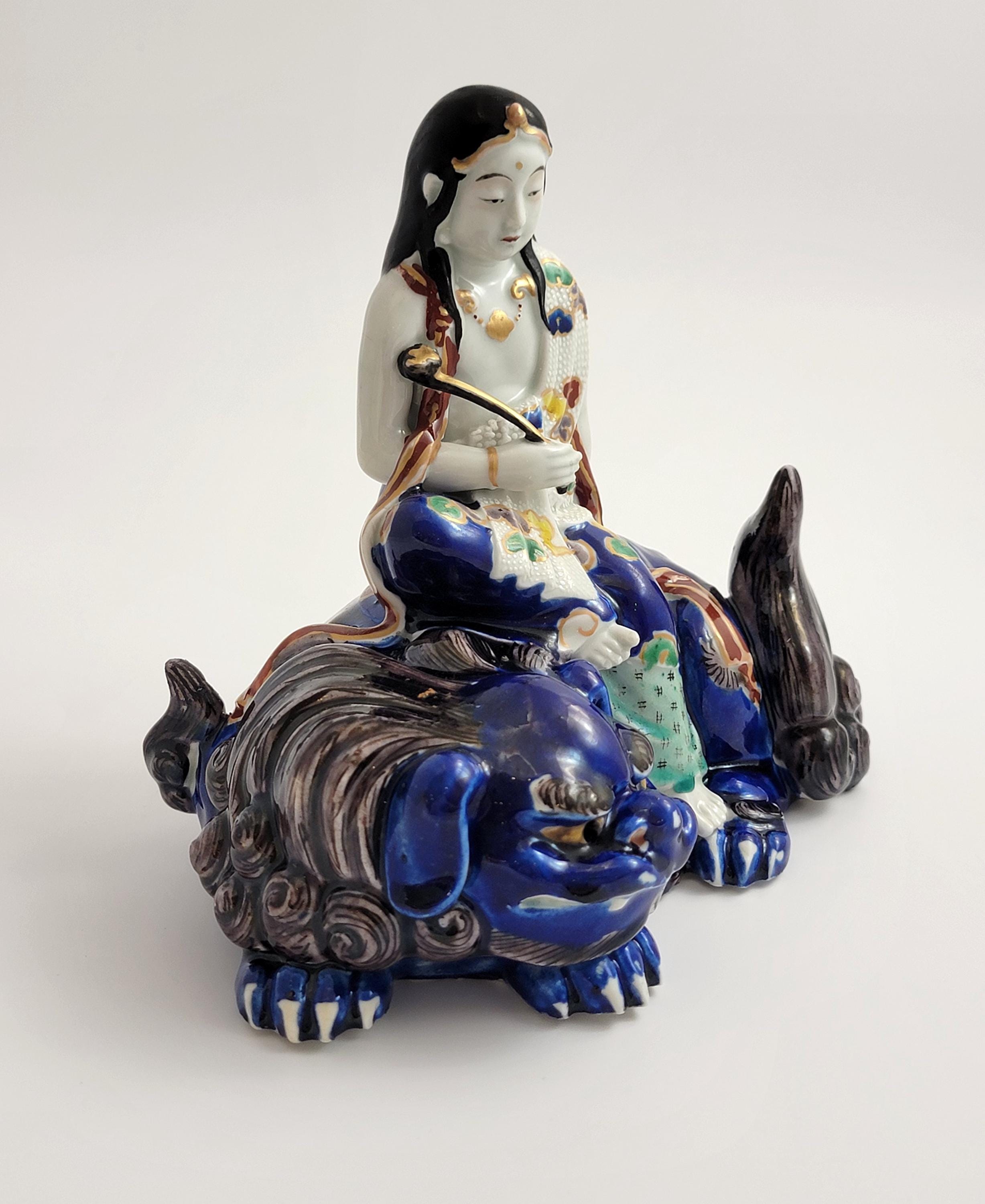 Kutani Porcelain Kannon on Shishi, Japan Meiji c.1870, Buddhist Goddess of Mercy, Hand-Painted