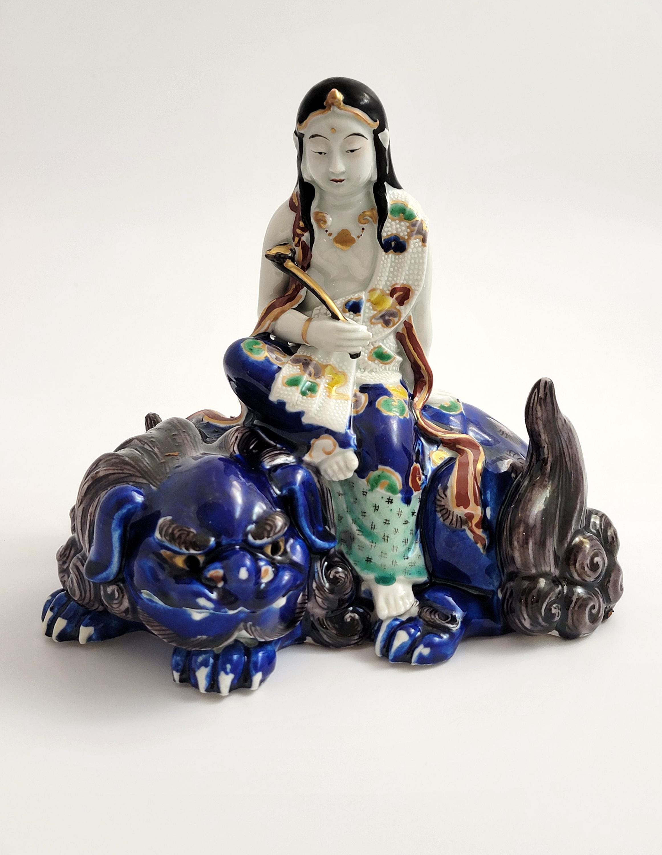 Kutani Porcelain Kannon on Shishi, Japan Meiji c.1870, Buddhist Goddess of Mercy, Hand-Painted