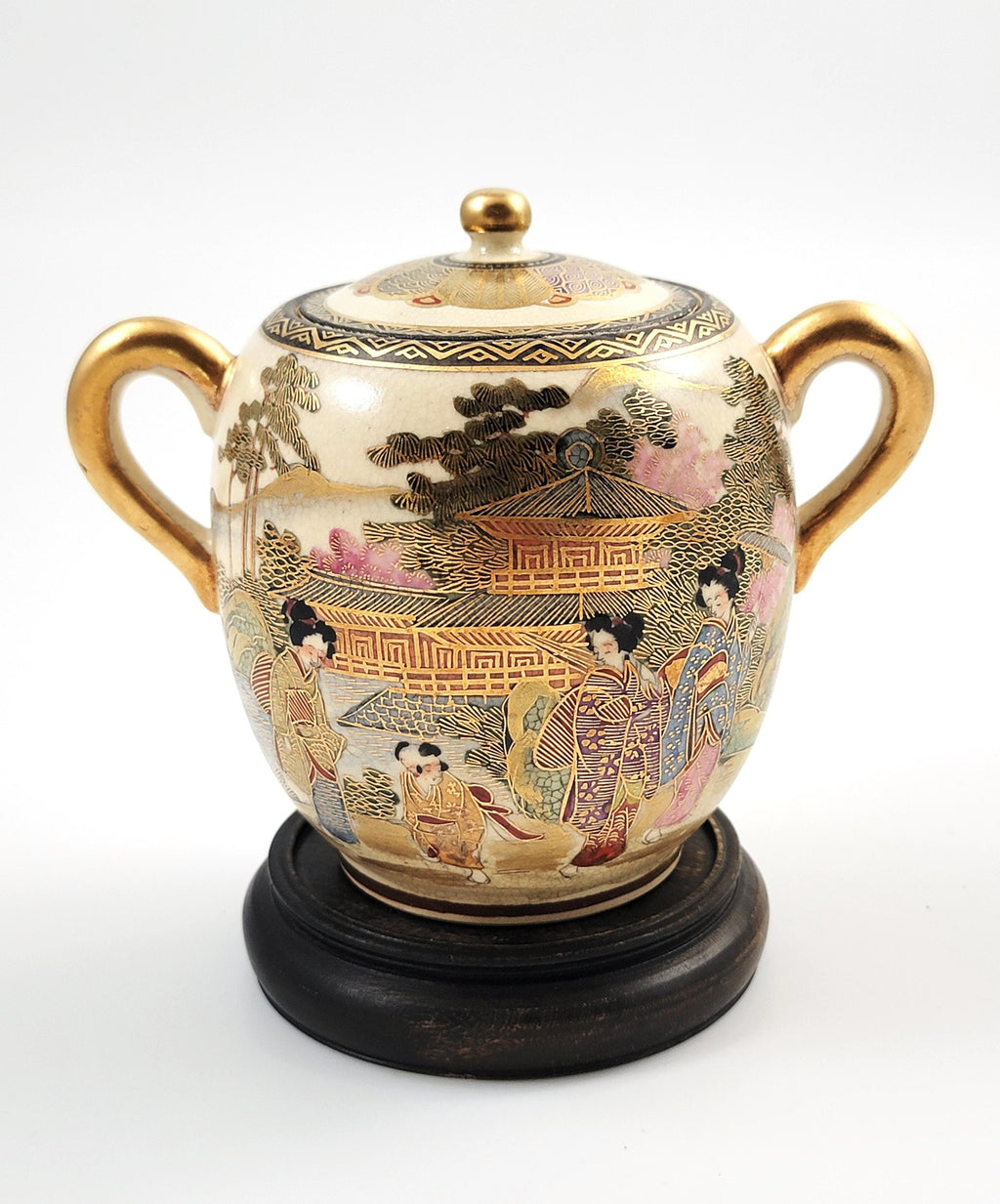 Meiji Period Satsuma Sugar Bowl: Signed Shozan, Kyoto Studio c.1880, with Stand