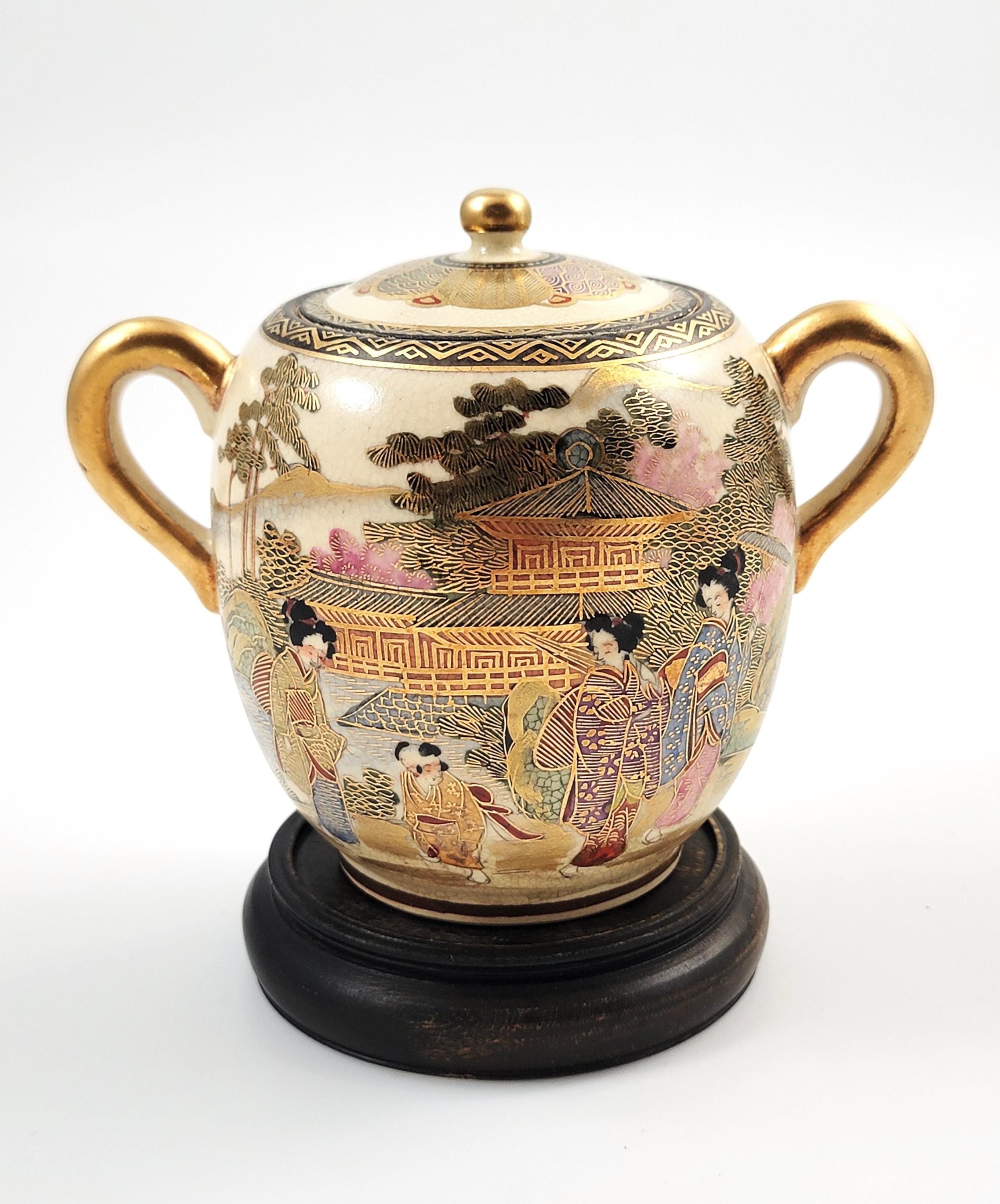 Meiji Period Satsuma Sugar Bowl: Signed Shozan, Kyoto Studio c.1880, with Stand