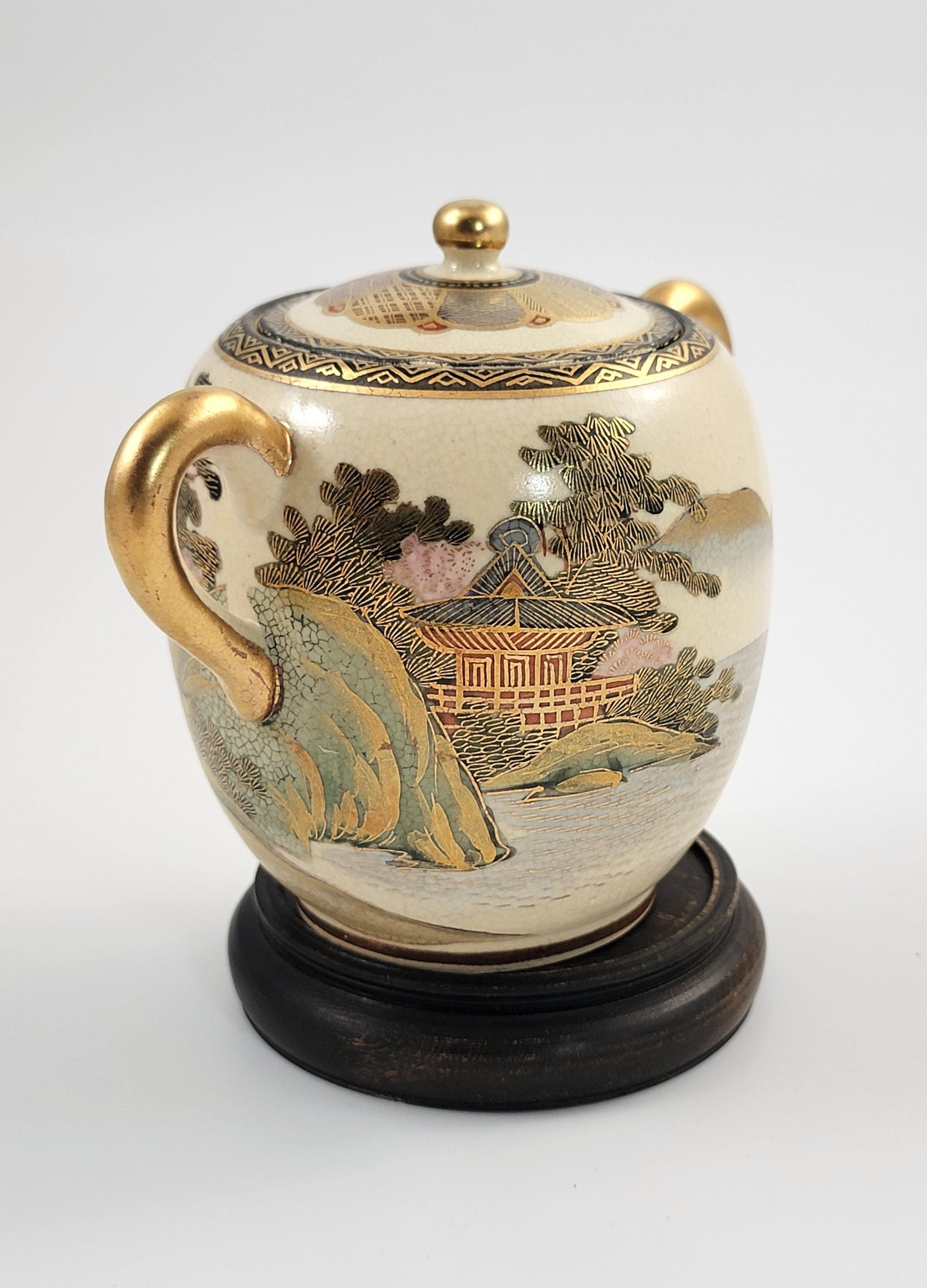 Meiji Period Satsuma Sugar Bowl: Signed Shozan, Kyoto Studio c.1880, with Stand