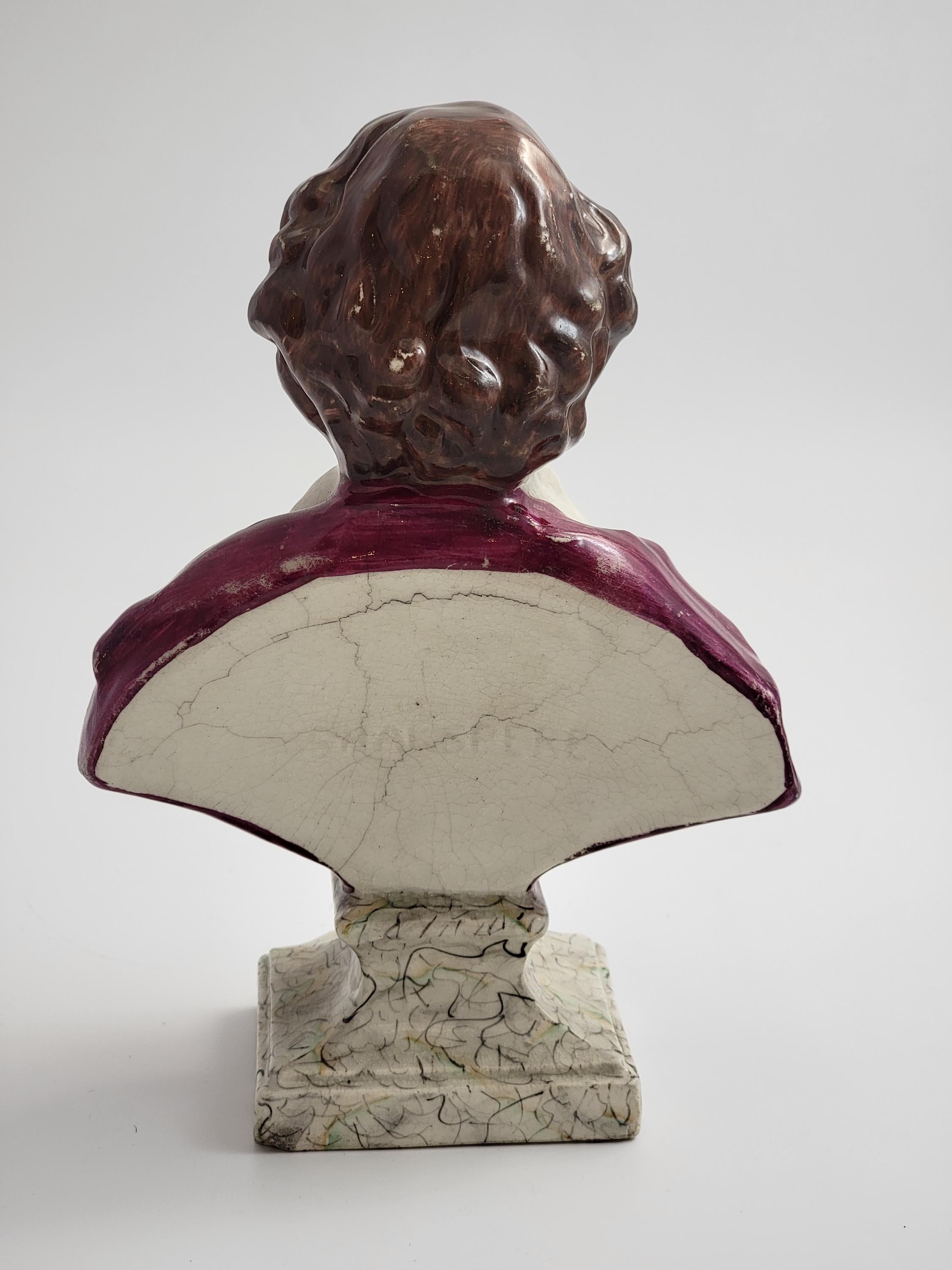 Antique Staffordshire Shakespeare Bust, c.1800, Glazed Earthenware, English Regency Pottery, Literary Collectible
