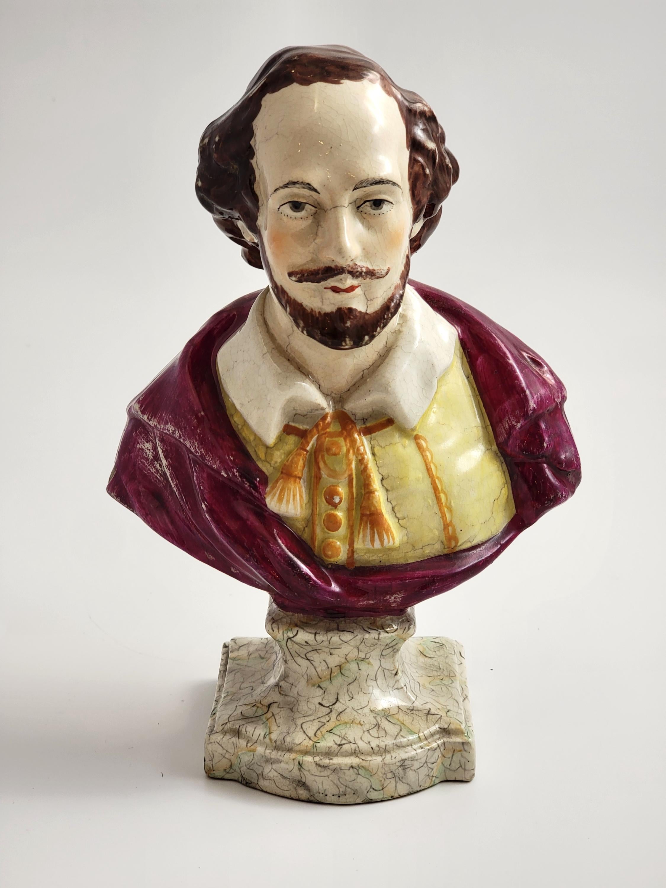 Antique Staffordshire Shakespeare Bust, c.1800, Glazed Earthenware, English Regency Pottery, Literary Collectible