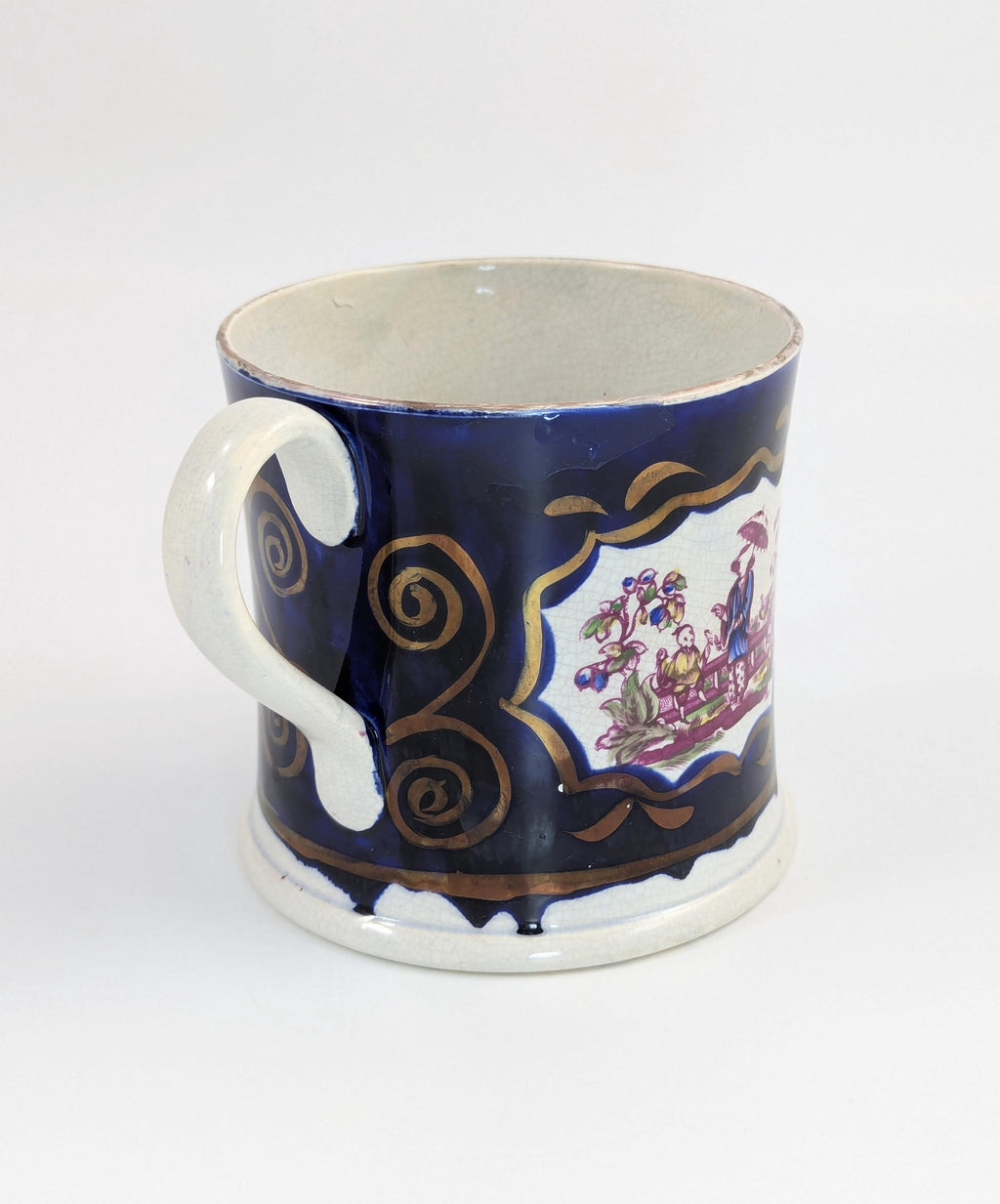 Antique Staffordshire Pearlware Mug: Chinoiserie Transfer, Cobalt & Gilt, c.1820