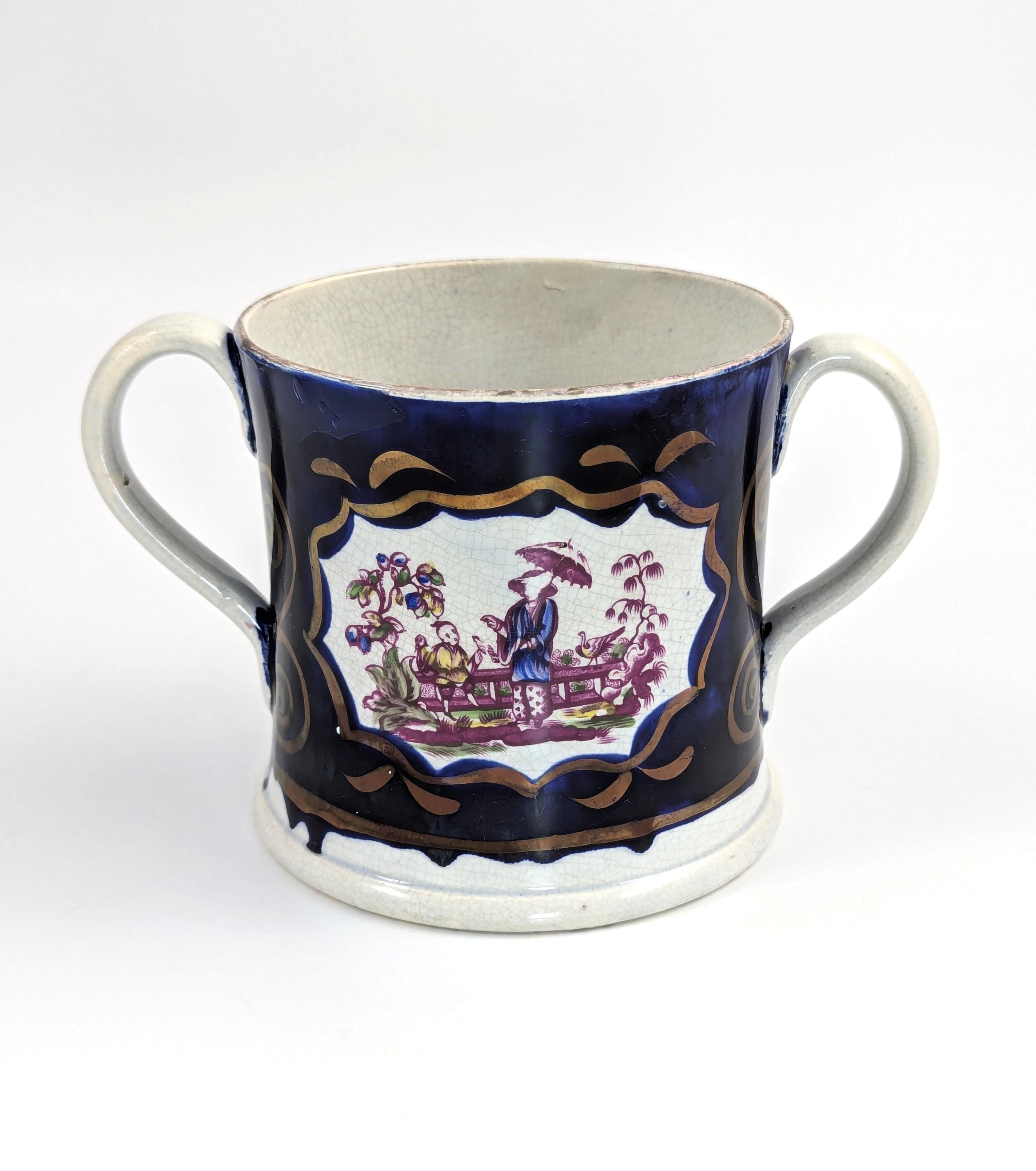 Antique Staffordshire Pearlware Mug: Chinoiserie Transfer, Cobalt & Gilt, c.1820