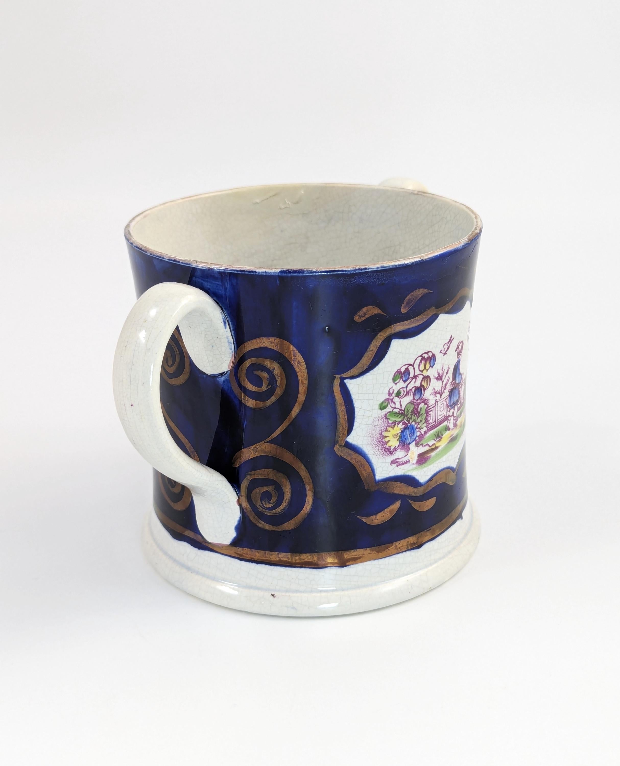 Antique Staffordshire Pearlware Mug: Chinoiserie Transfer, Cobalt & Gilt, c.1820