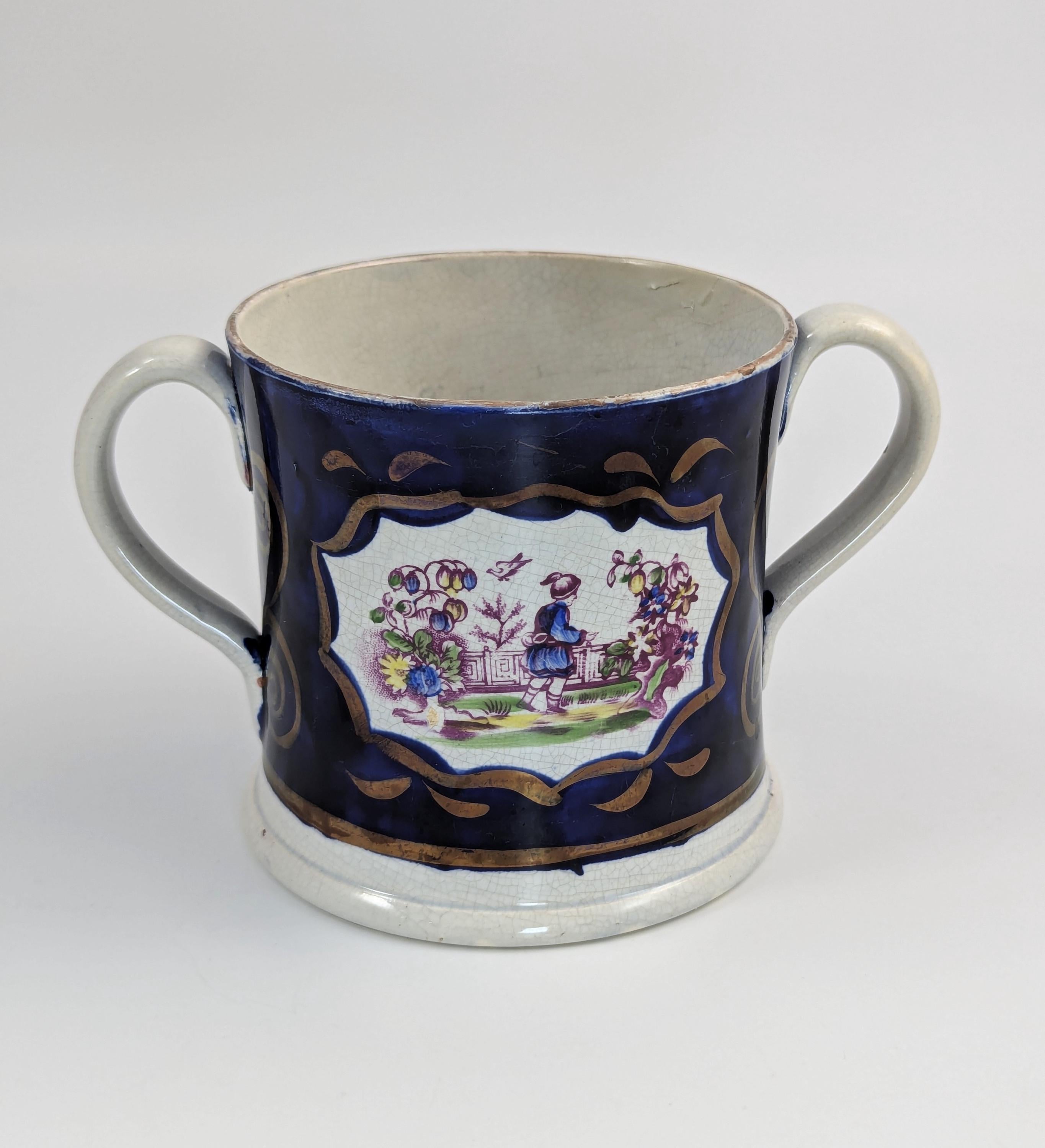 Antique Staffordshire Pearlware Mug: Chinoiserie Transfer, Cobalt & Gilt, c.1820