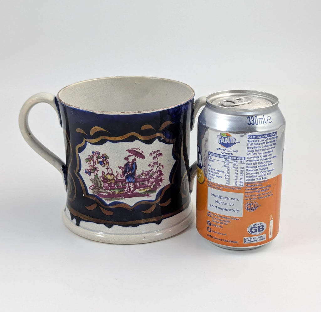 Antique Staffordshire Pearlware Mug: Chinoiserie Transfer, Cobalt & Gilt, c.1820