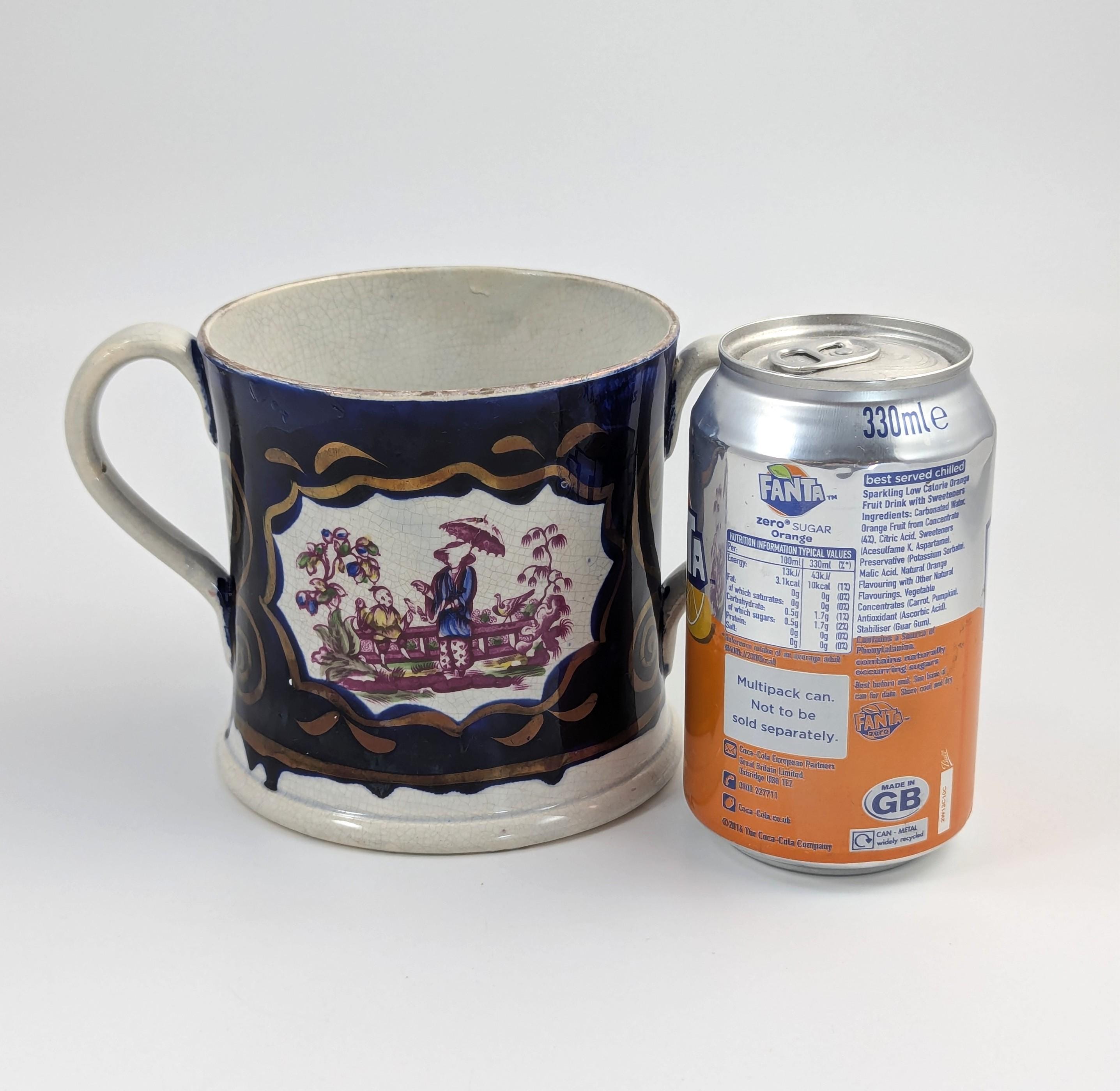 Antique Staffordshire Pearlware Mug: Chinoiserie Transfer, Cobalt & Gilt, c.1820