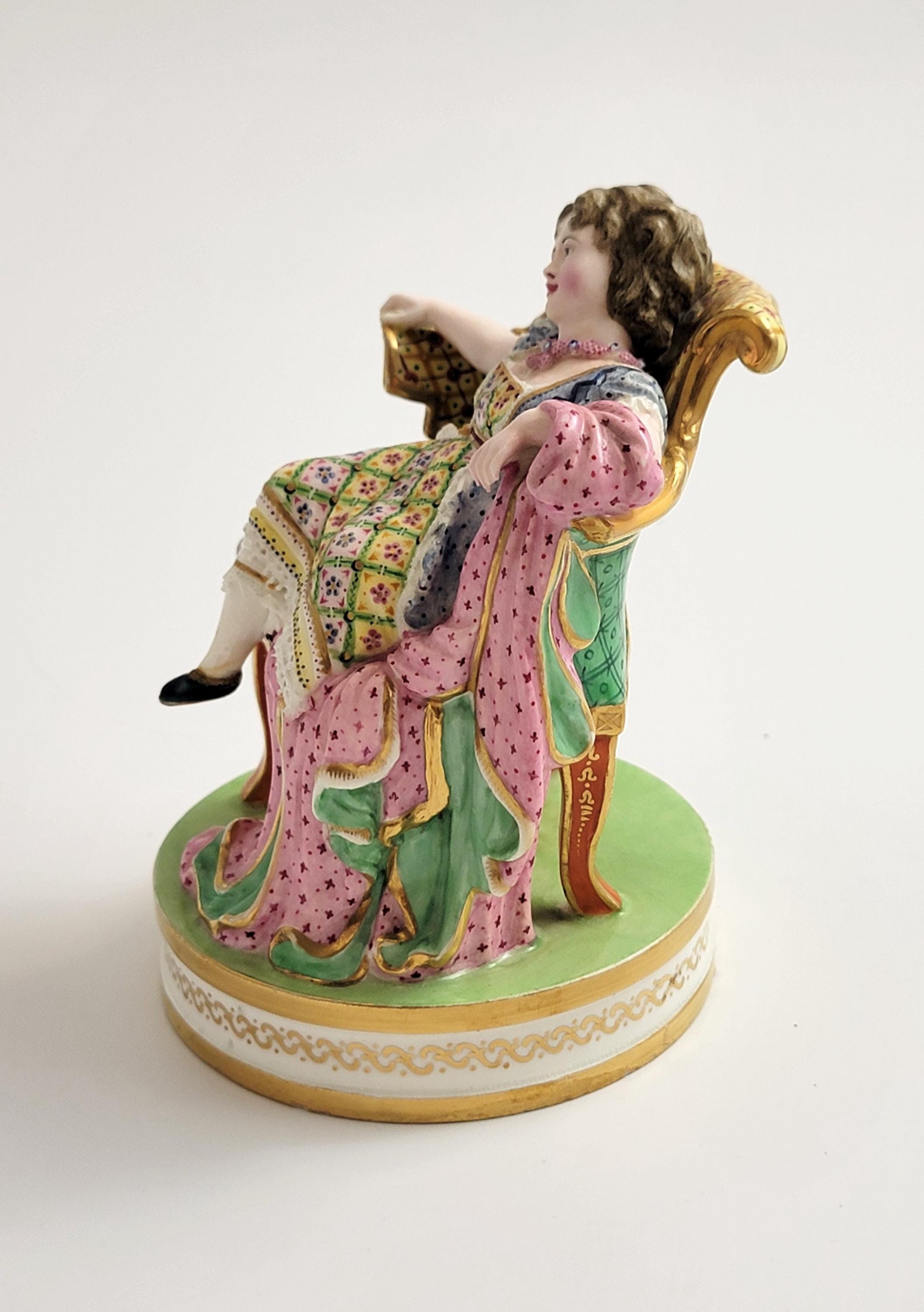 Rare Minton Porcelain Figure Girl in Louis XVI Chair, Shape No.125, Mid 19th Century