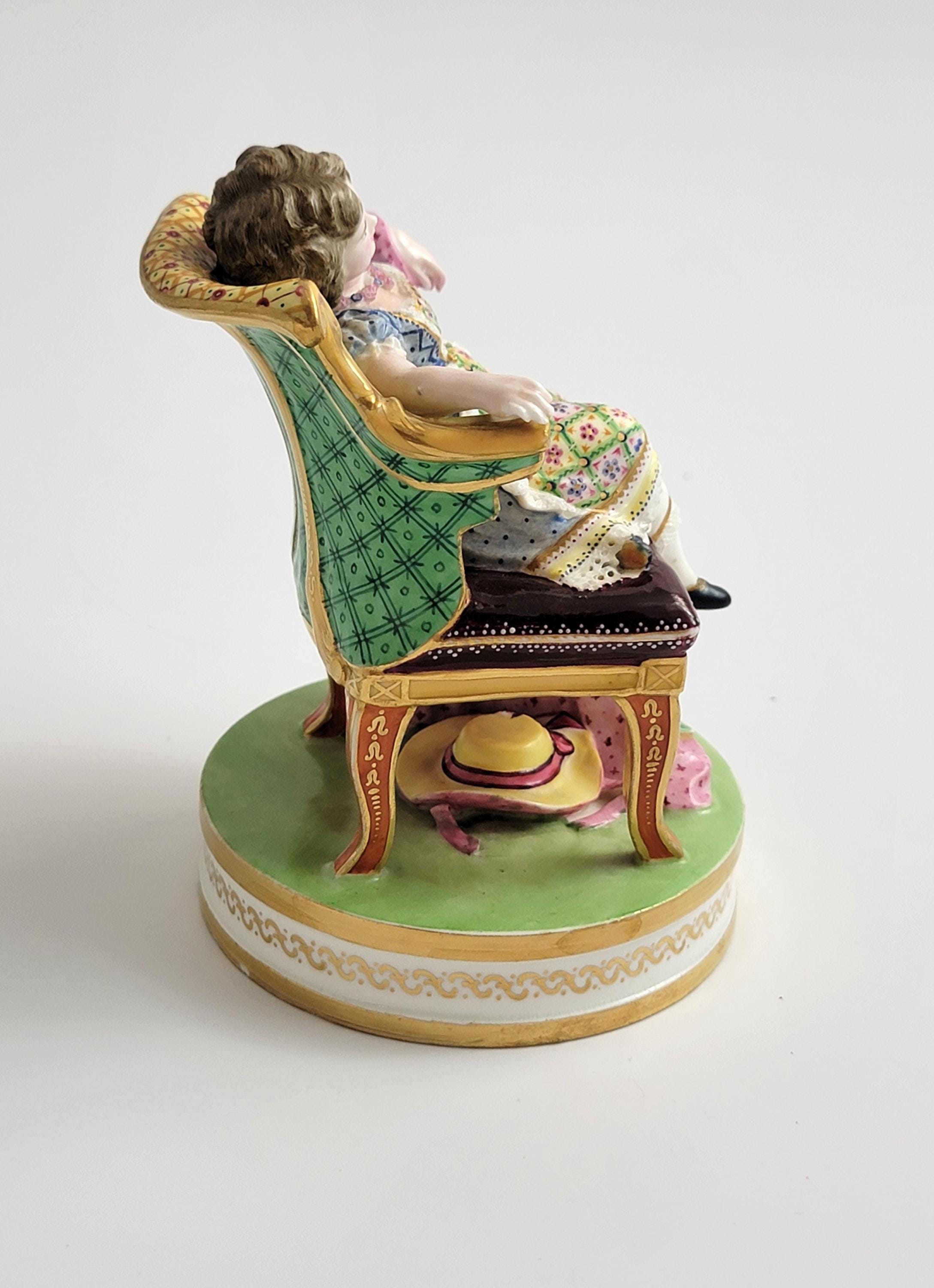 Rare Minton Porcelain Figure Girl in Louis XVI Chair, Shape No.125, Mid 19th Century