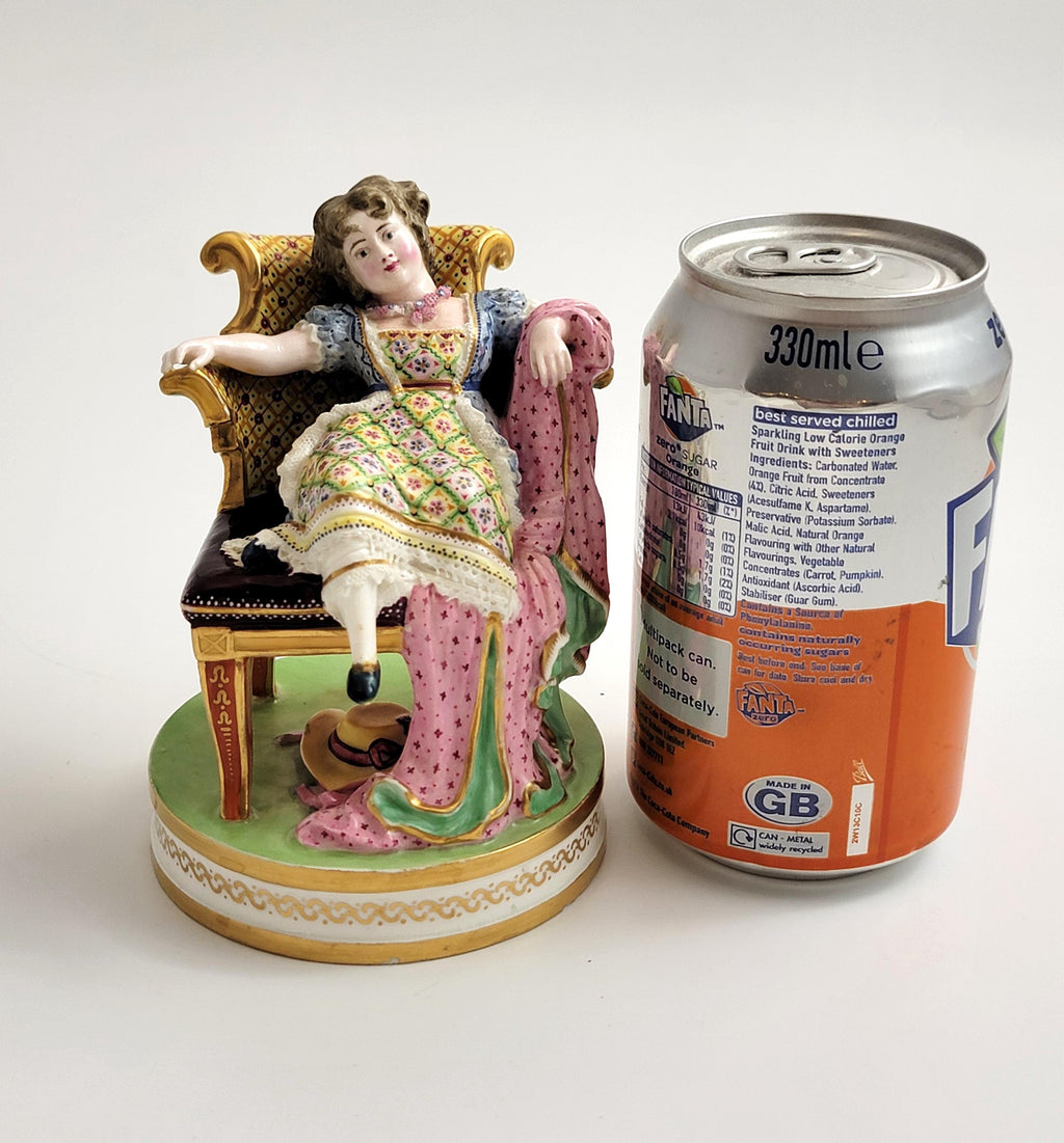 Rare Minton Porcelain Figure Girl in Louis XVI Chair, Shape No.125, Mid 19th Century