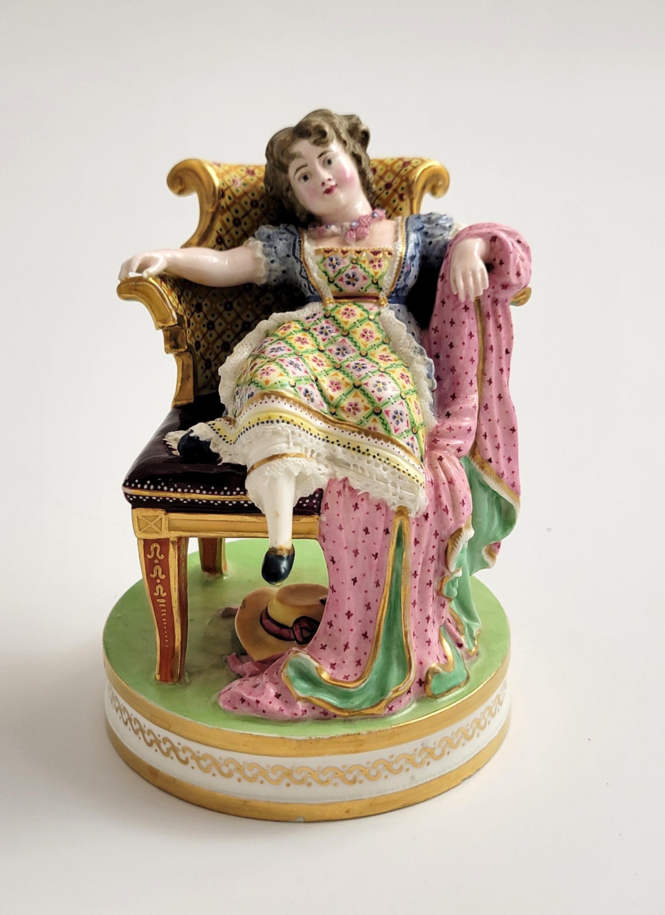 Rare Minton Porcelain Figure Girl in Louis XVI Chair, Shape No.125, Mid 19th Century