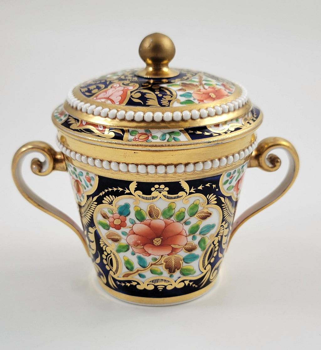 Spode Imari Porcelain Chocolate Cup & Cover, Rare Pearl Border, Hand Painted c. 1815