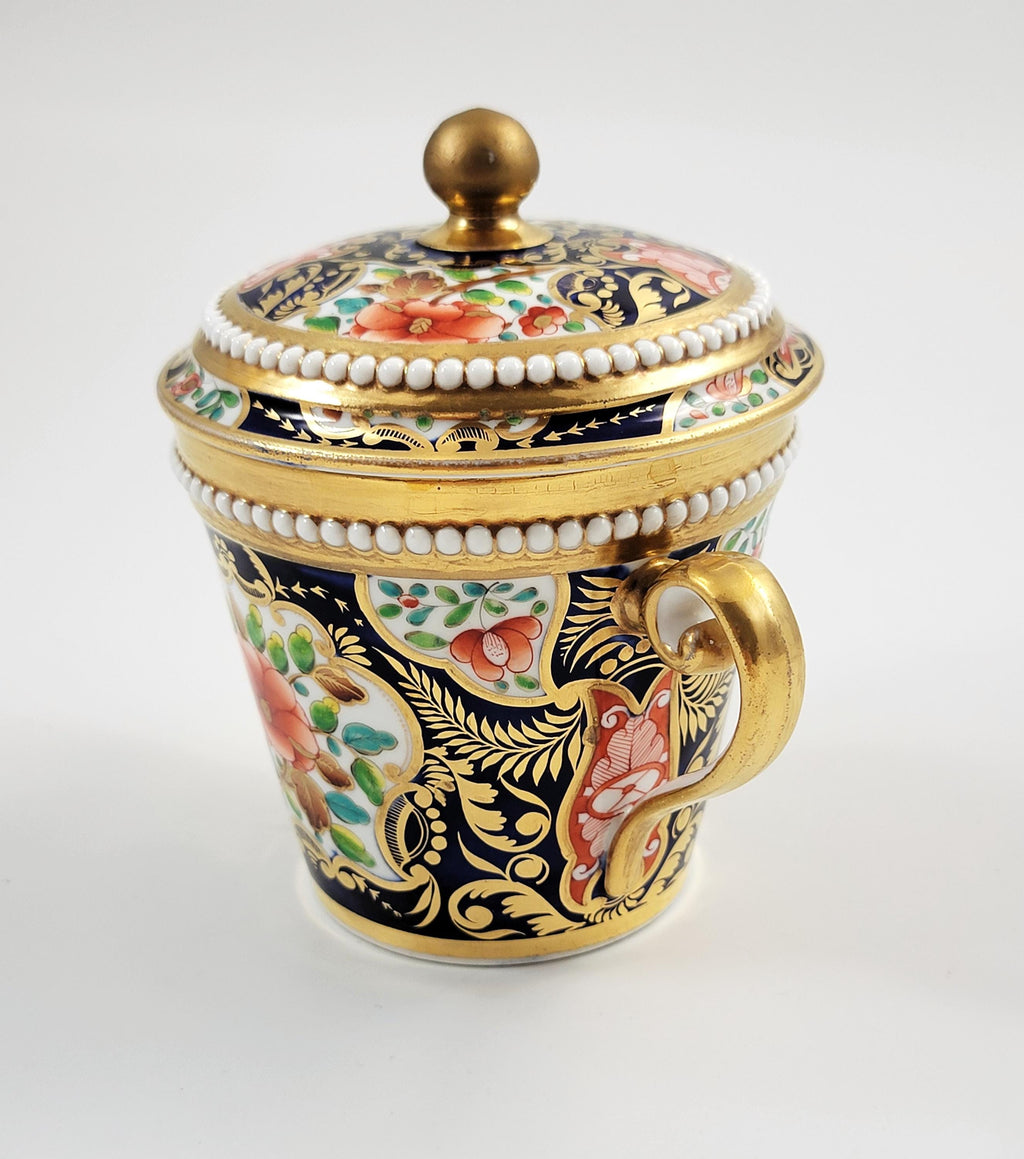 Spode Imari Porcelain Chocolate Cup & Cover, Rare Pearl Border, Hand Painted c. 1815