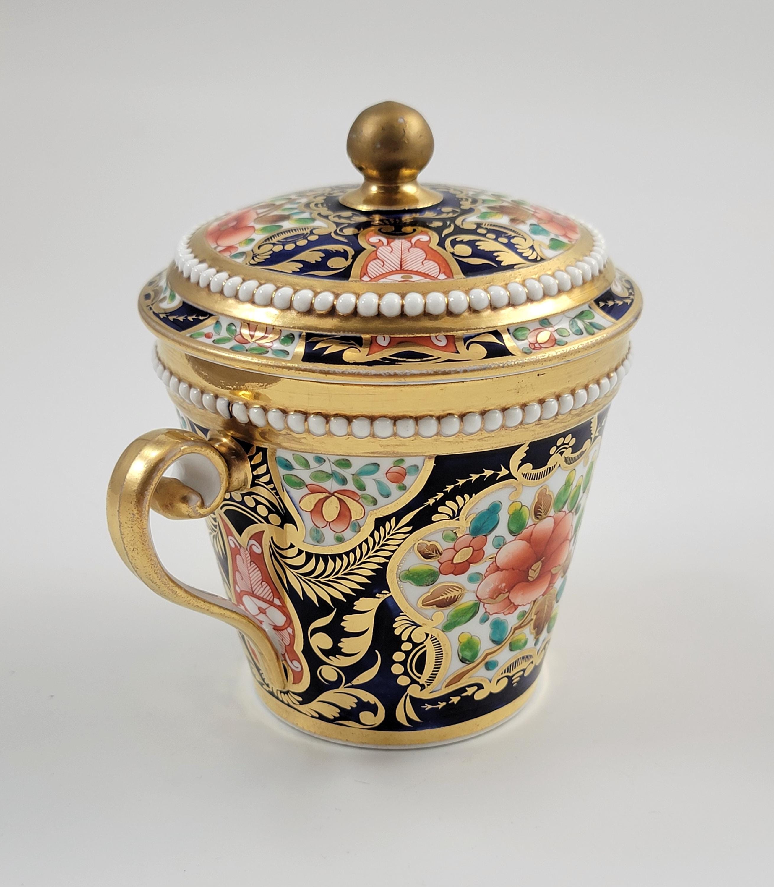 Spode Imari Porcelain Chocolate Cup & Cover, Rare Pearl Border, Hand Painted c. 1815