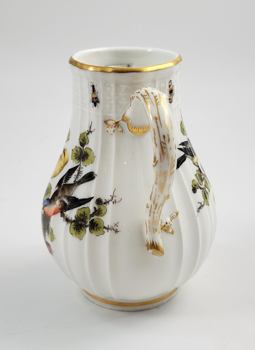 Meissen Ribbed Porcelain Jug, Handpainted Birds & Insects, mid-19th Century