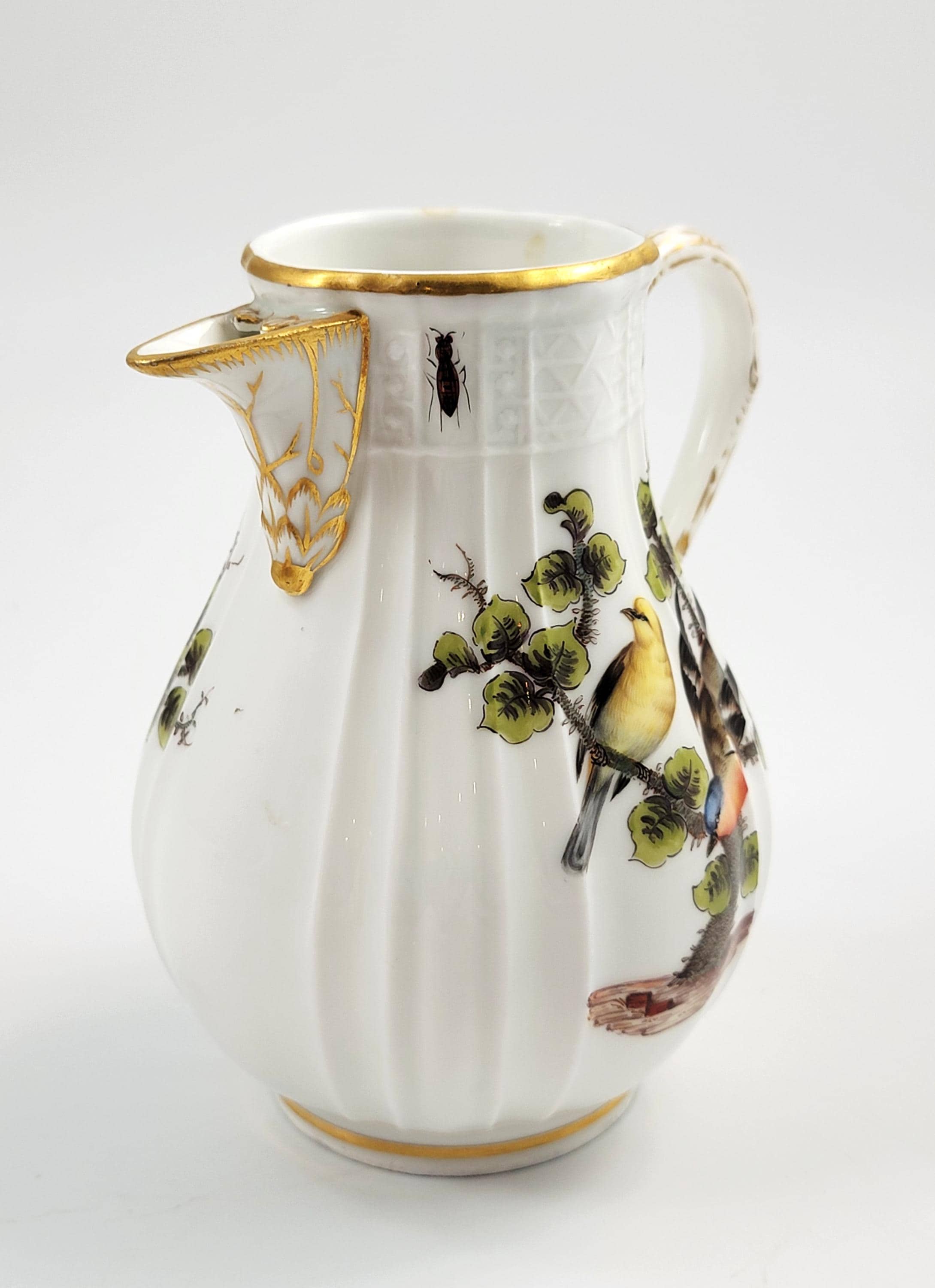 Meissen Ribbed Porcelain Jug, Handpainted Birds & Insects, mid-19th Century