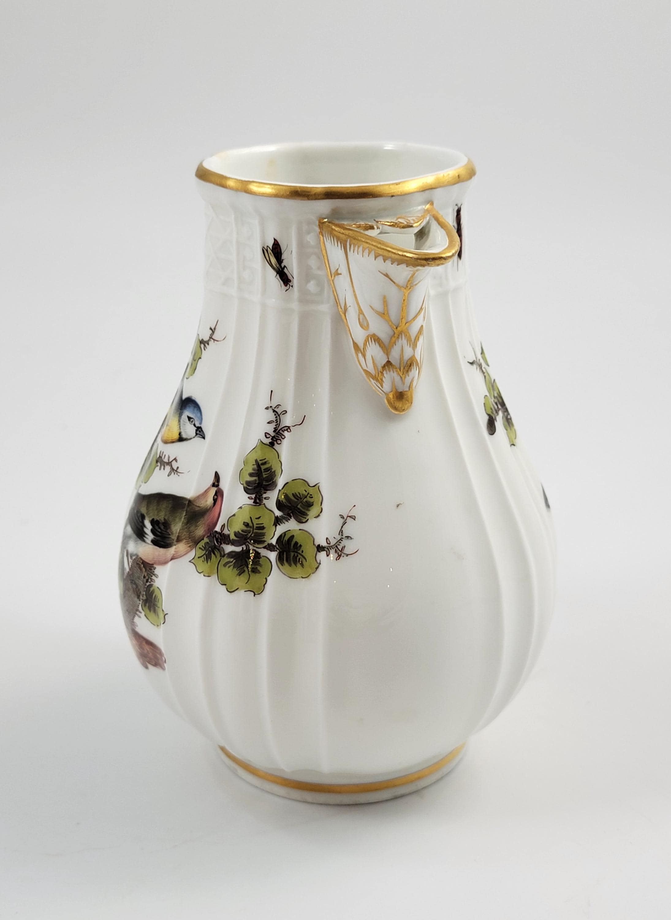 Meissen Ribbed Porcelain Jug, Handpainted Birds & Insects, mid-19th Century