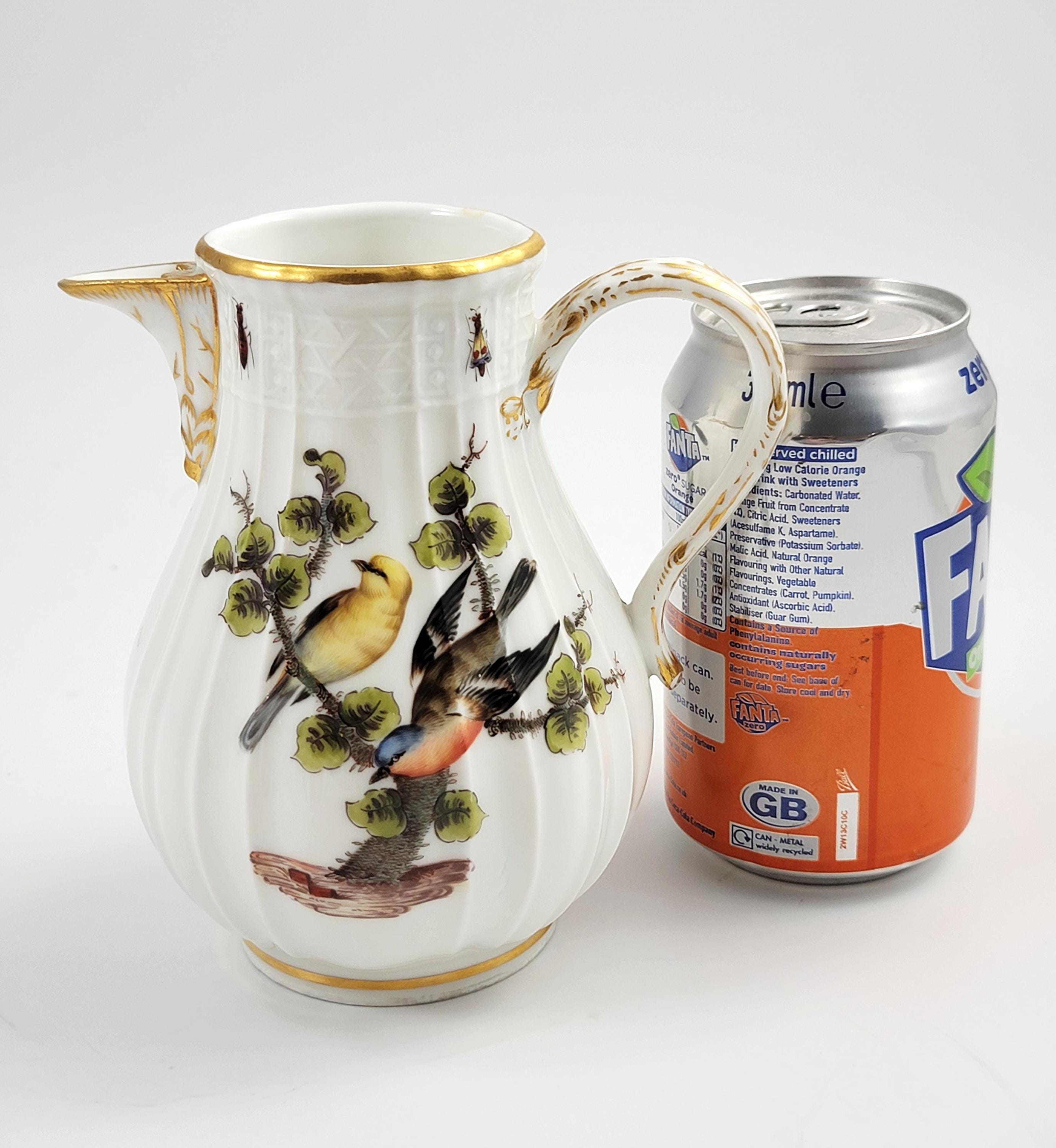 Meissen Ribbed Porcelain Jug, Handpainted Birds & Insects, mid-19th Century