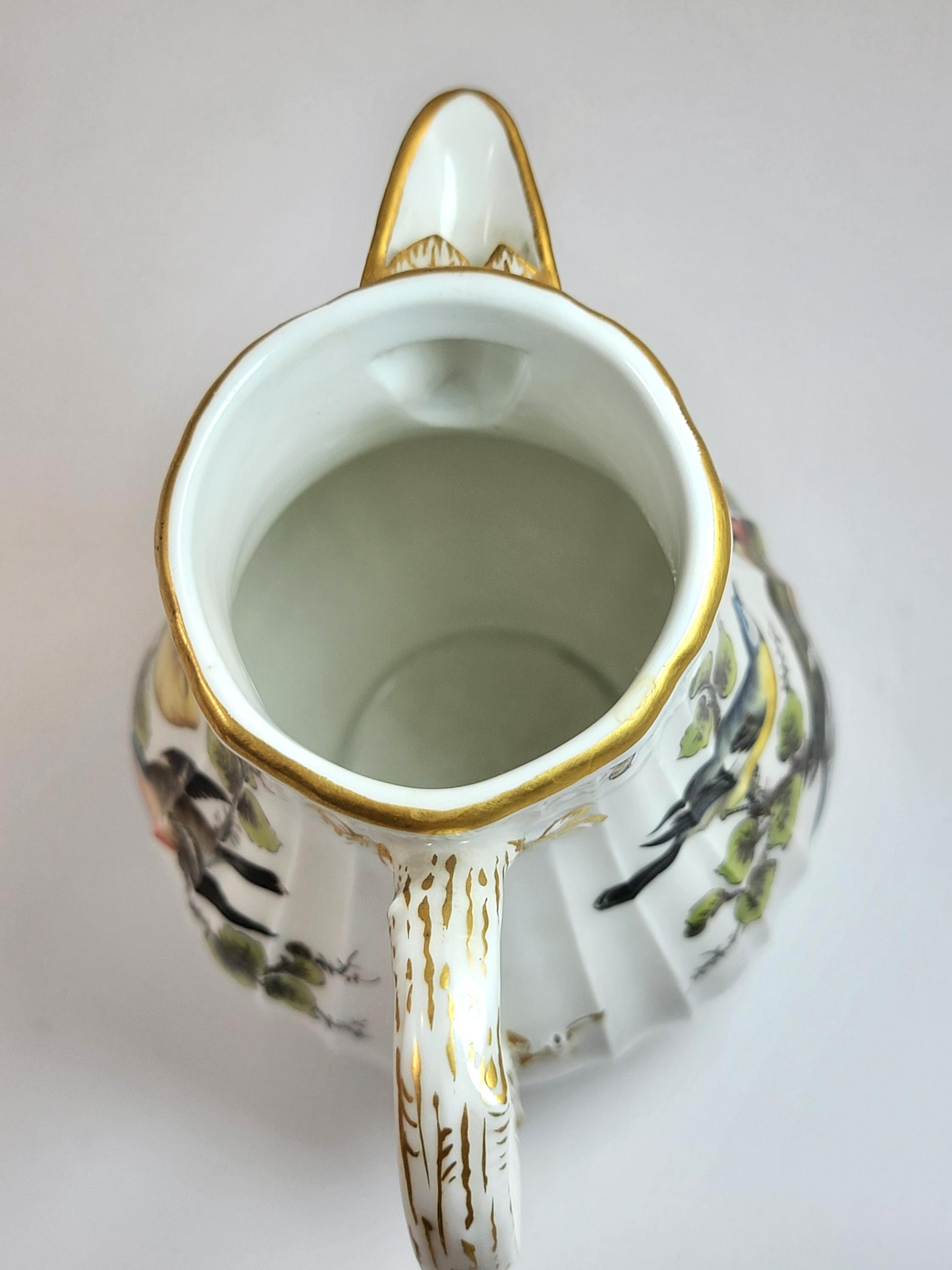 Meissen Ribbed Porcelain Jug, Handpainted Birds & Insects, mid-19th Century