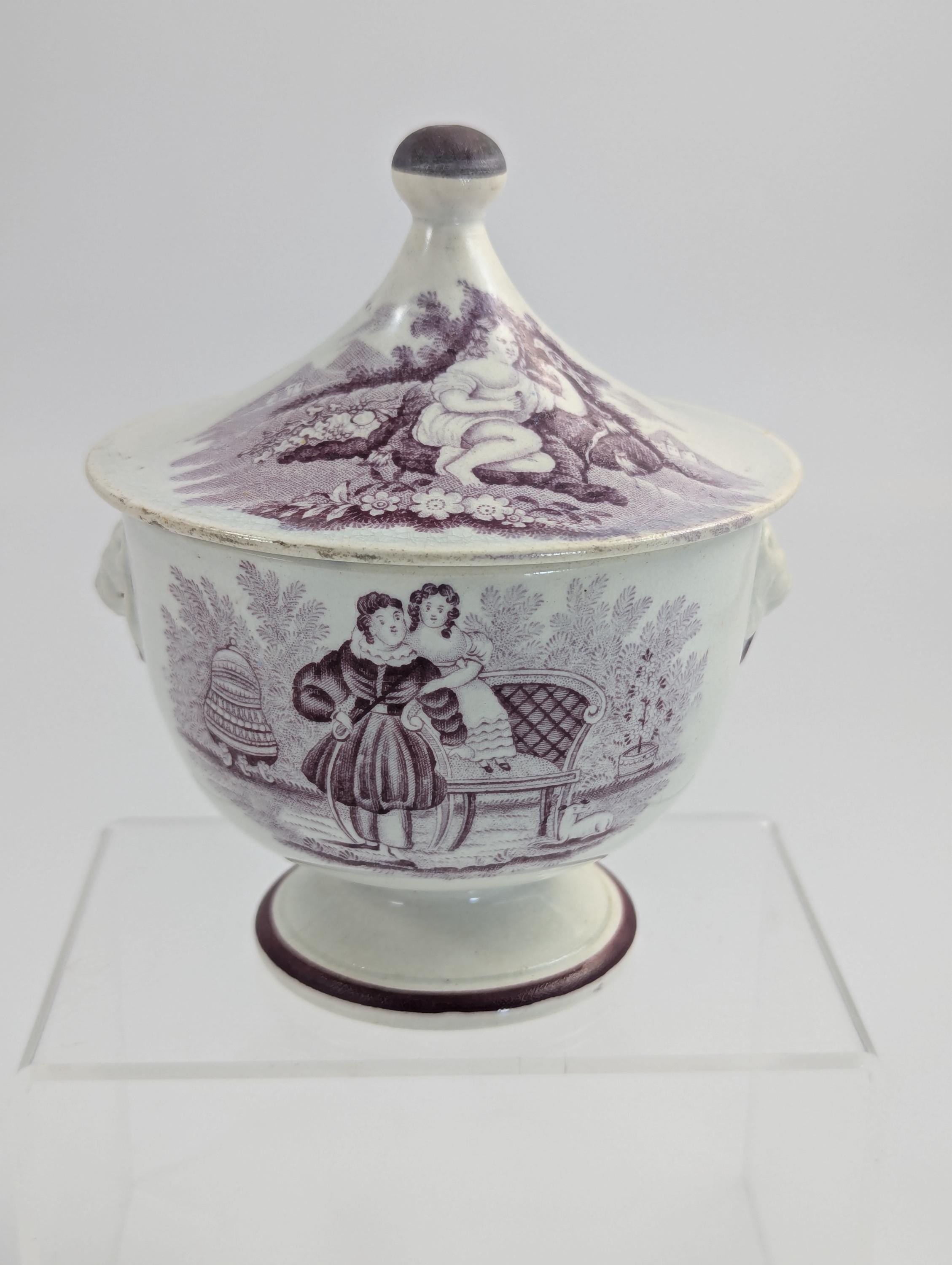 Victorian Mulberry Transferware Sugar Bowl, Staffordshire, c.1840, Lion Mask Handles, Antique English Pottery