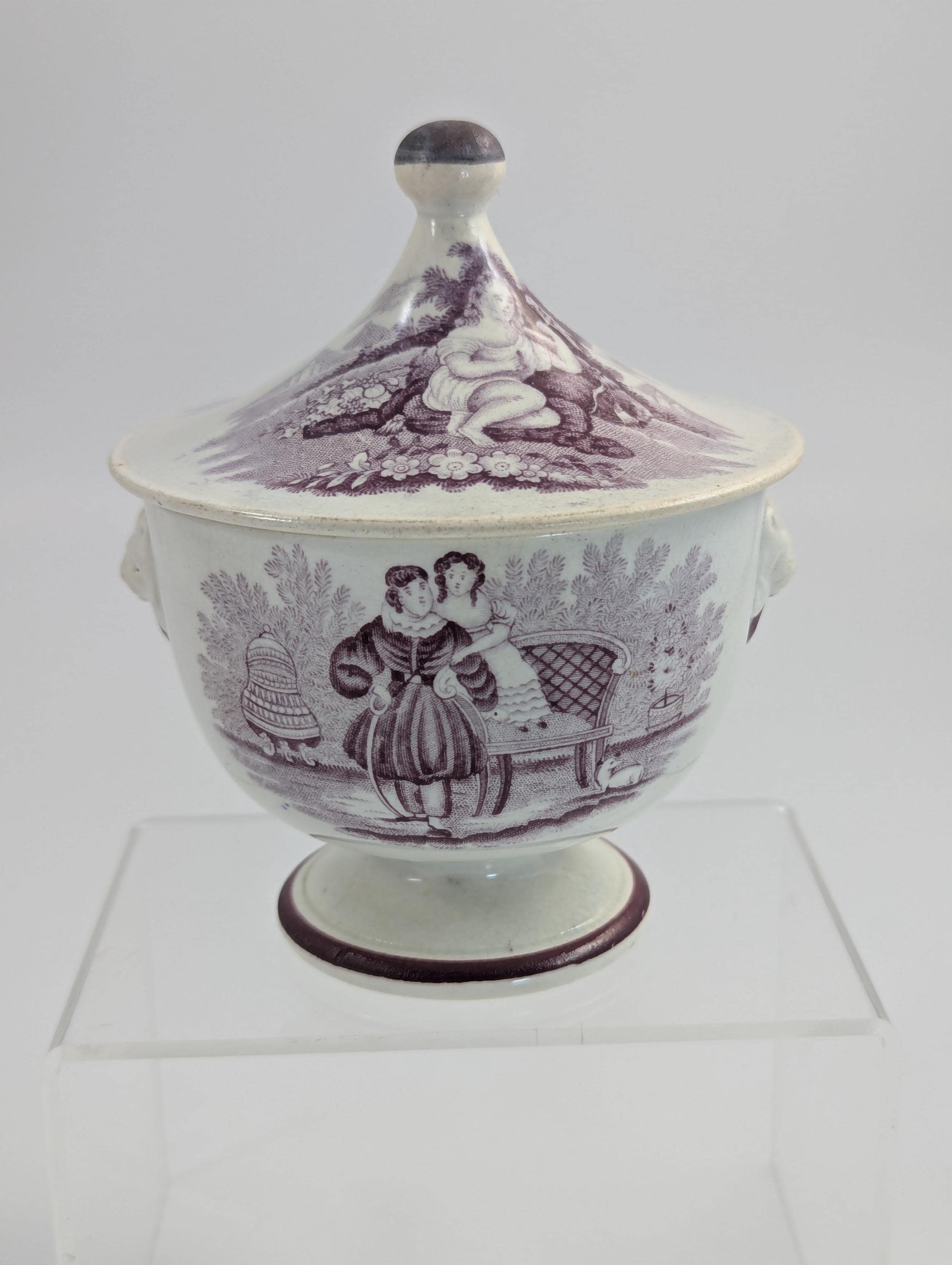 Victorian Mulberry Transferware Sugar Bowl, Staffordshire, c.1840, Lion Mask Handles, Antique English Pottery