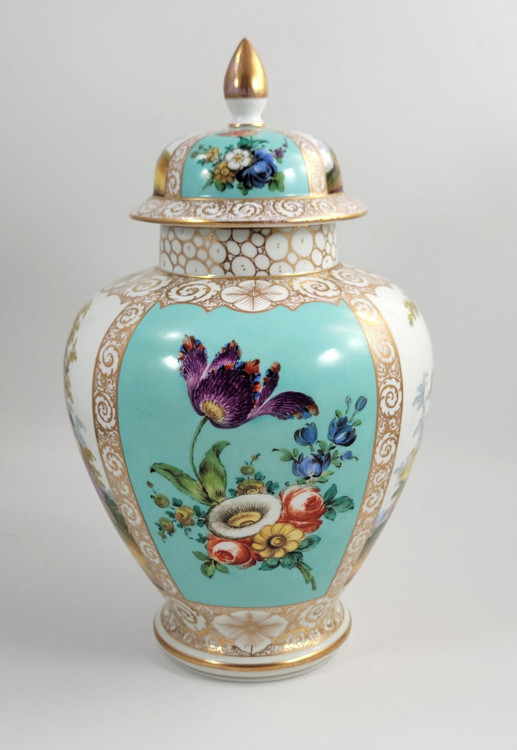 Large Helena Wolfsohn Dresden Vase with Lid, Watteau Scenes & Turquoise, c.1880