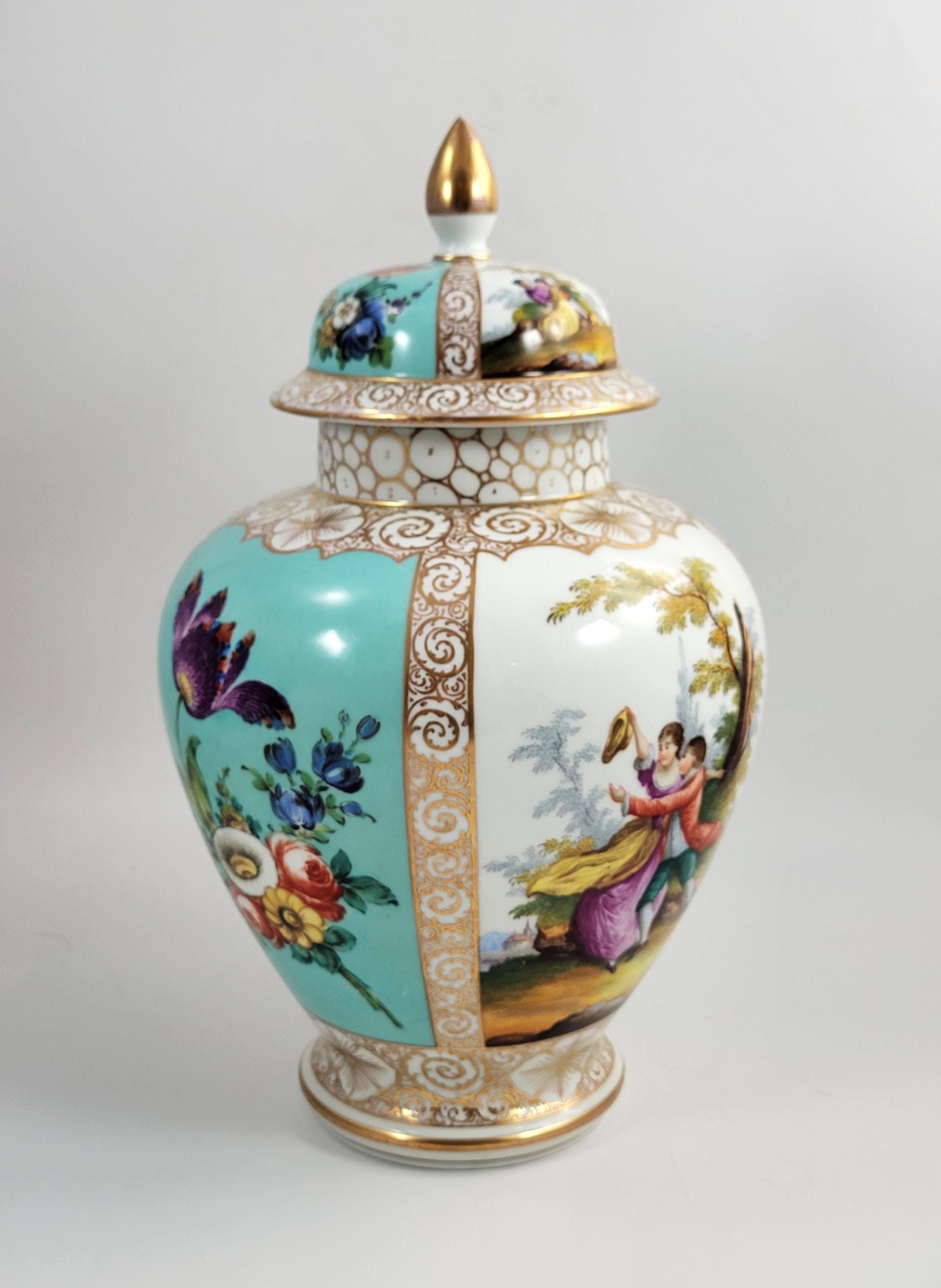 Large Helena Wolfsohn Dresden Vase with Lid, Watteau Scenes & Turquoise, c.1880