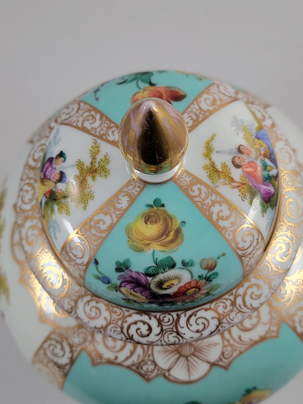 Large Helena Wolfsohn Dresden Vase with Lid, Watteau Scenes & Turquoise, c.1880