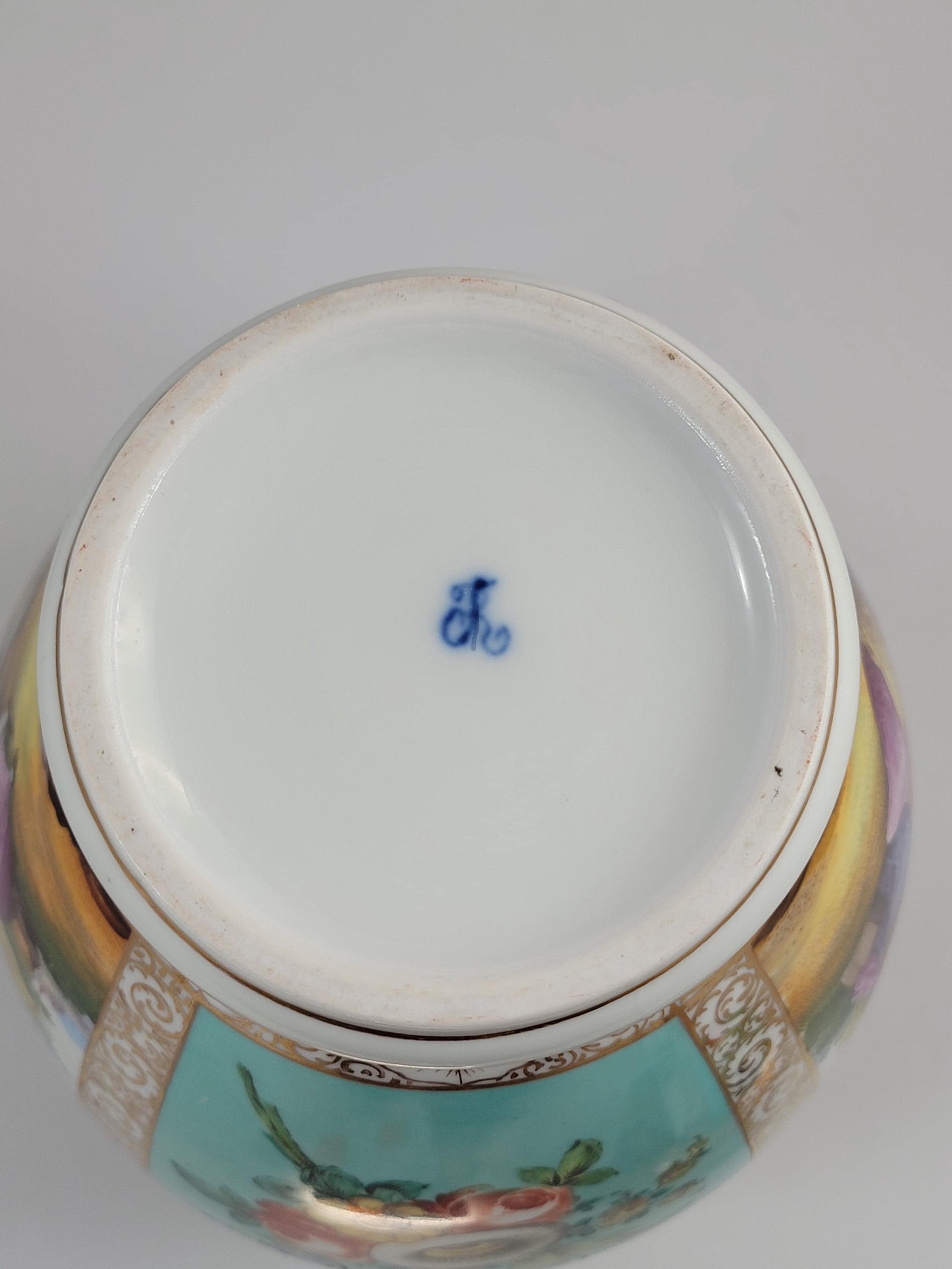 Large Helena Wolfsohn Dresden Vase with Lid, Watteau Scenes & Turquoise, c.1880